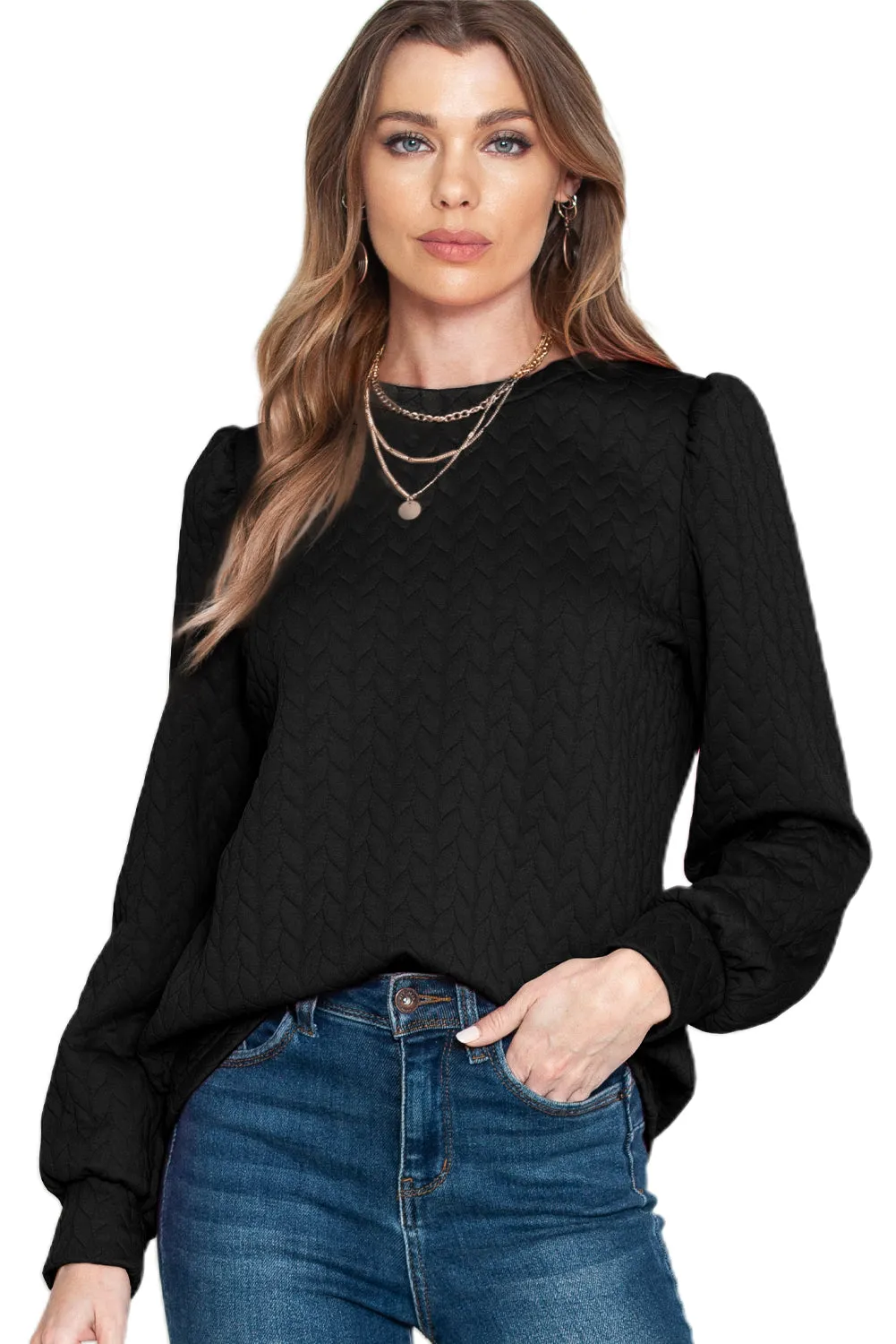 Black Quilted Puff Sleeve Sweatshirt