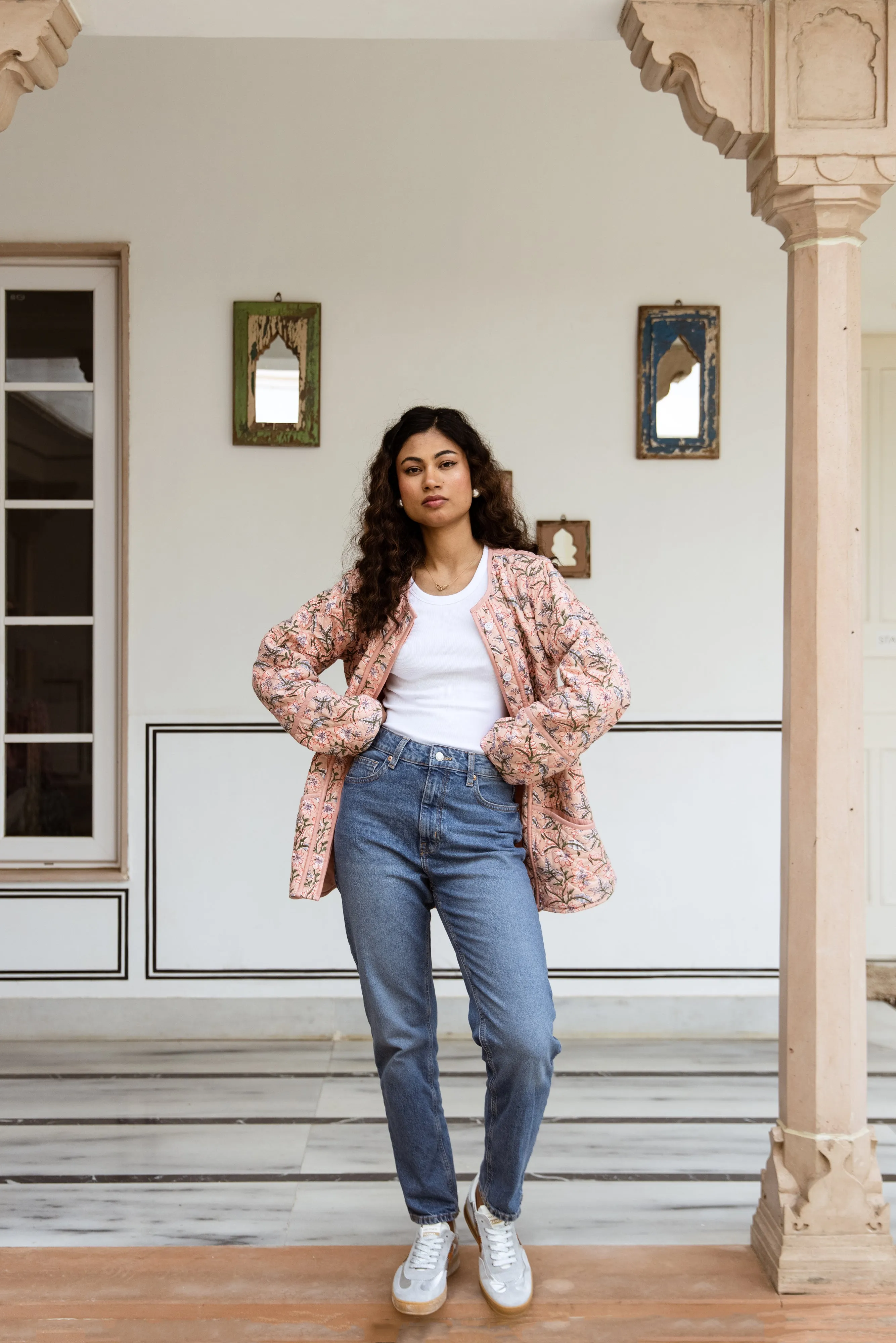 Block Print Quilted Jacket - Soft Coral