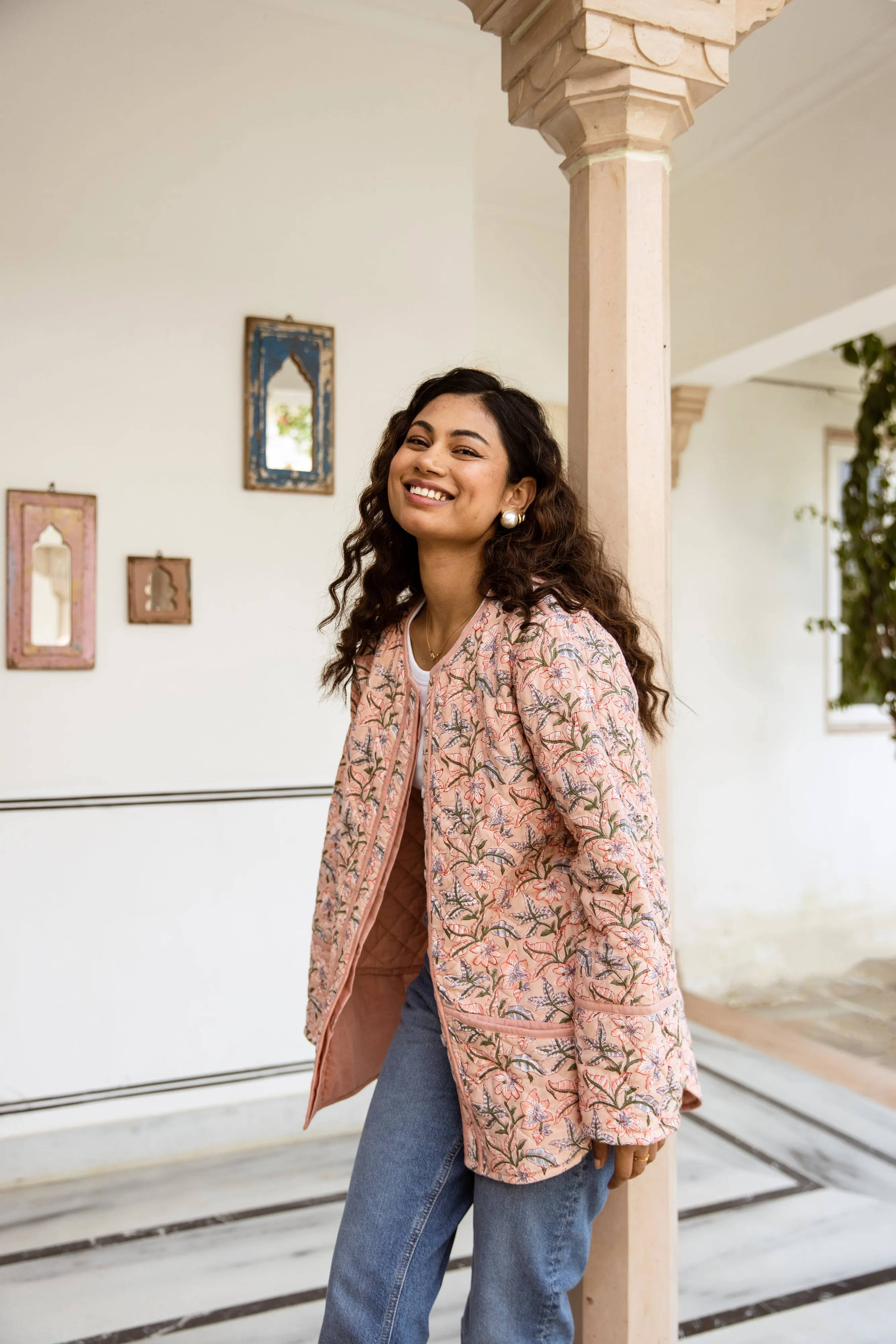 Block Print Quilted Jacket - Soft Coral