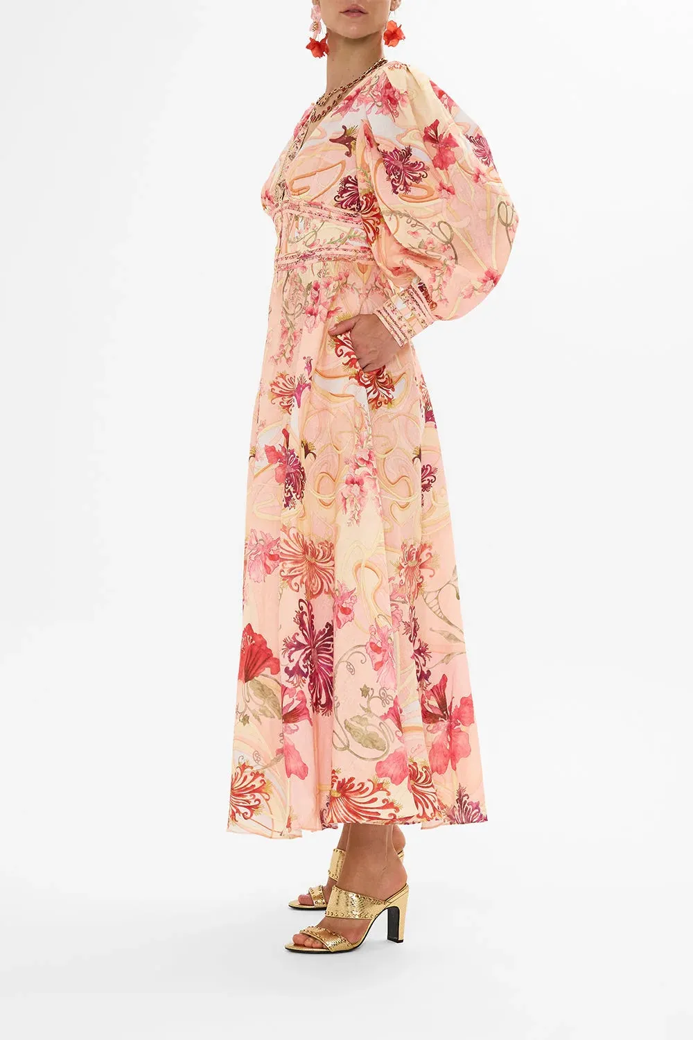 Blossoms And Brushstrokes Shaped Waist Maxi Dress