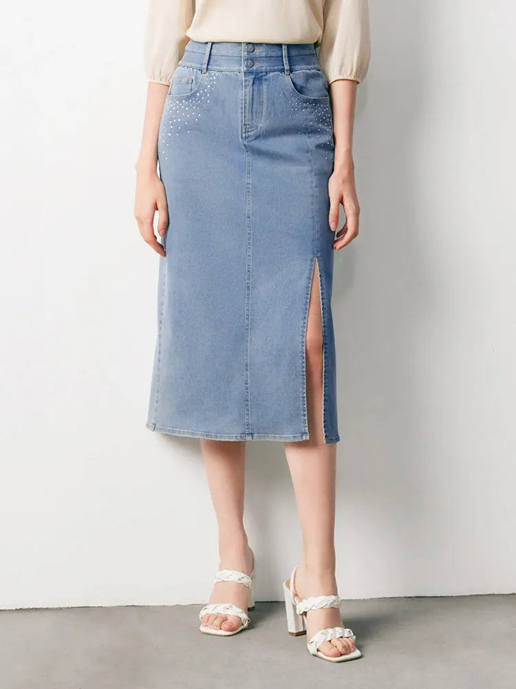 Blue High Waist Slit Midi Denim Skirt