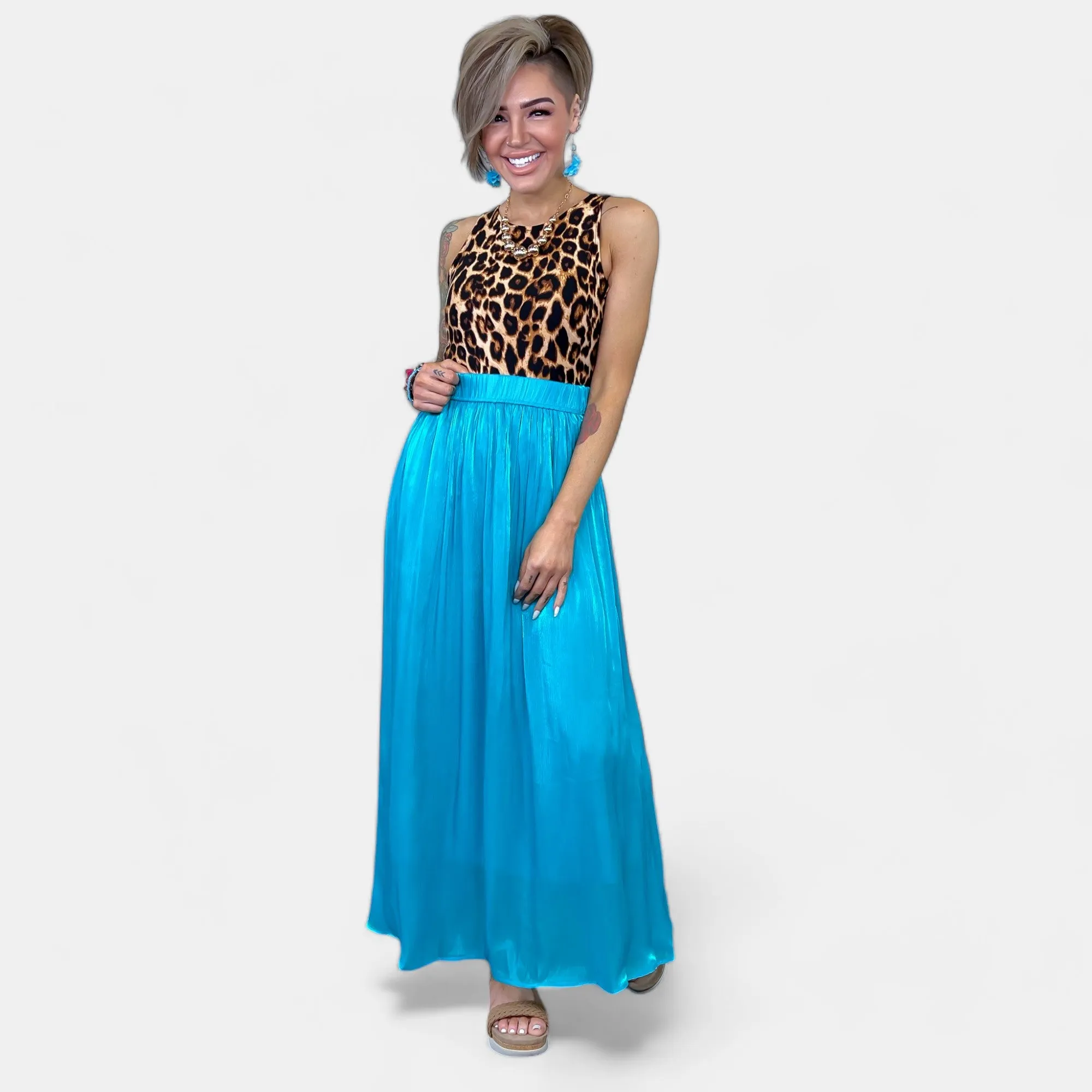 Blue Silk Pleated Maxi Skirt