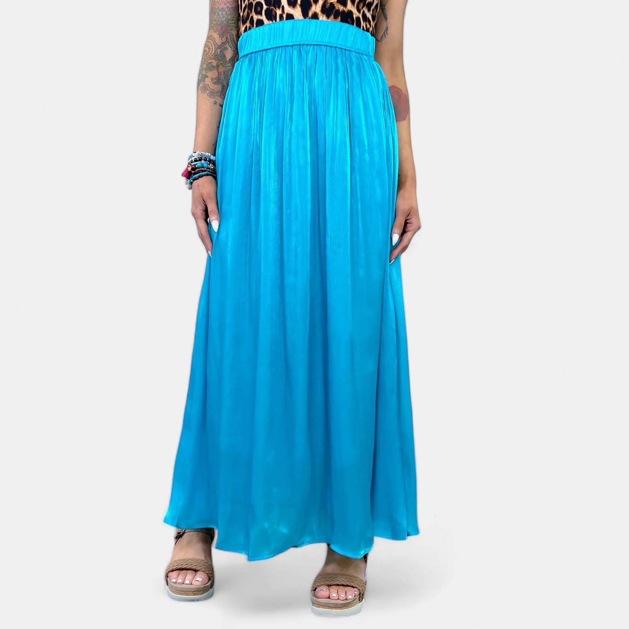 Blue Silk Pleated Maxi Skirt