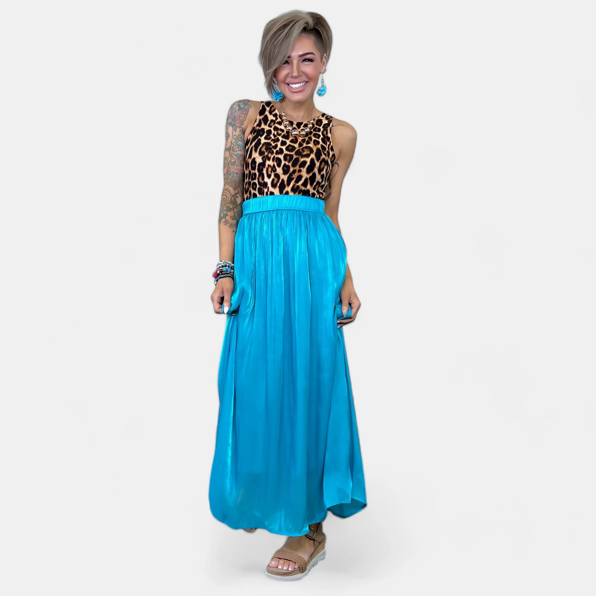 Blue Silk Pleated Maxi Skirt