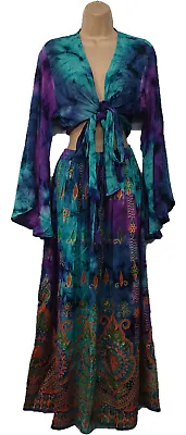 Bohemian Blue & Purple Tie Dye 2 Piece Crop Top & Maxi Skirt Set