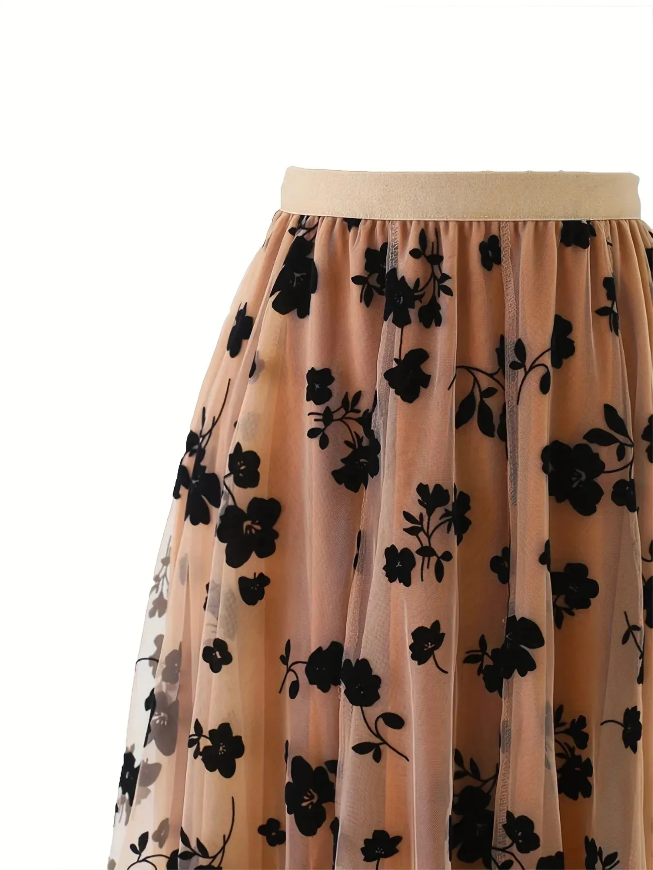 Boho Black Floral Taupe Tulle Skirt