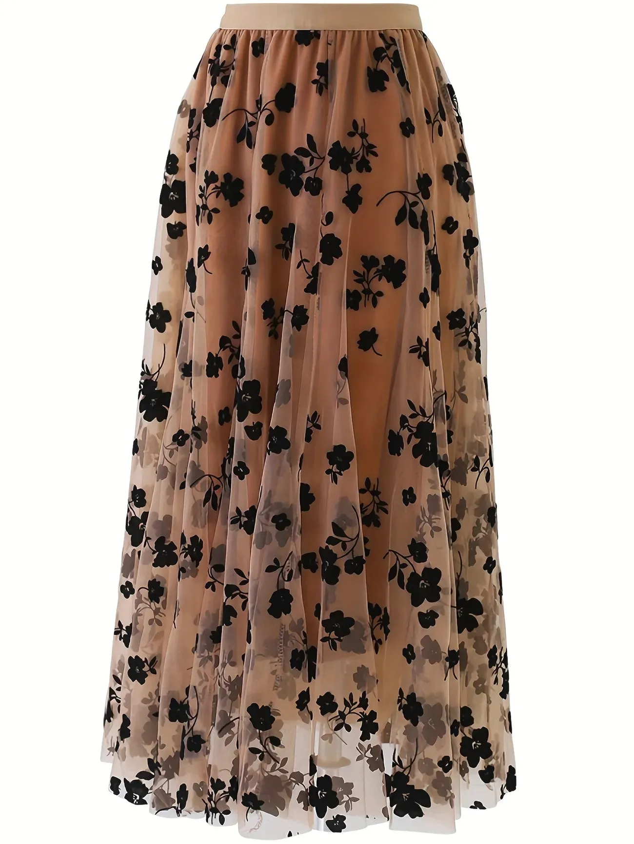 Boho Black Floral Taupe Tulle Skirt