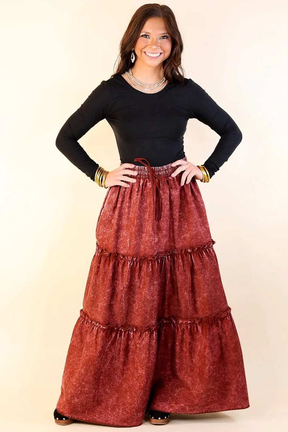 Boho Bliss Acid Wash Tiered Ruffle Maxi Skirt in Dark Rusted Red