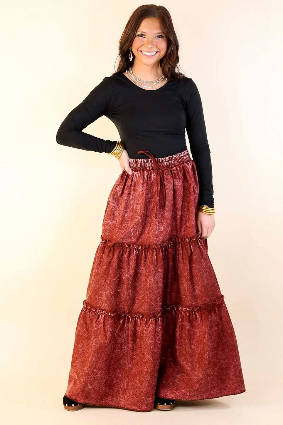 Boho Bliss Acid Wash Tiered Ruffle Maxi Skirt in Dark Rusted Red