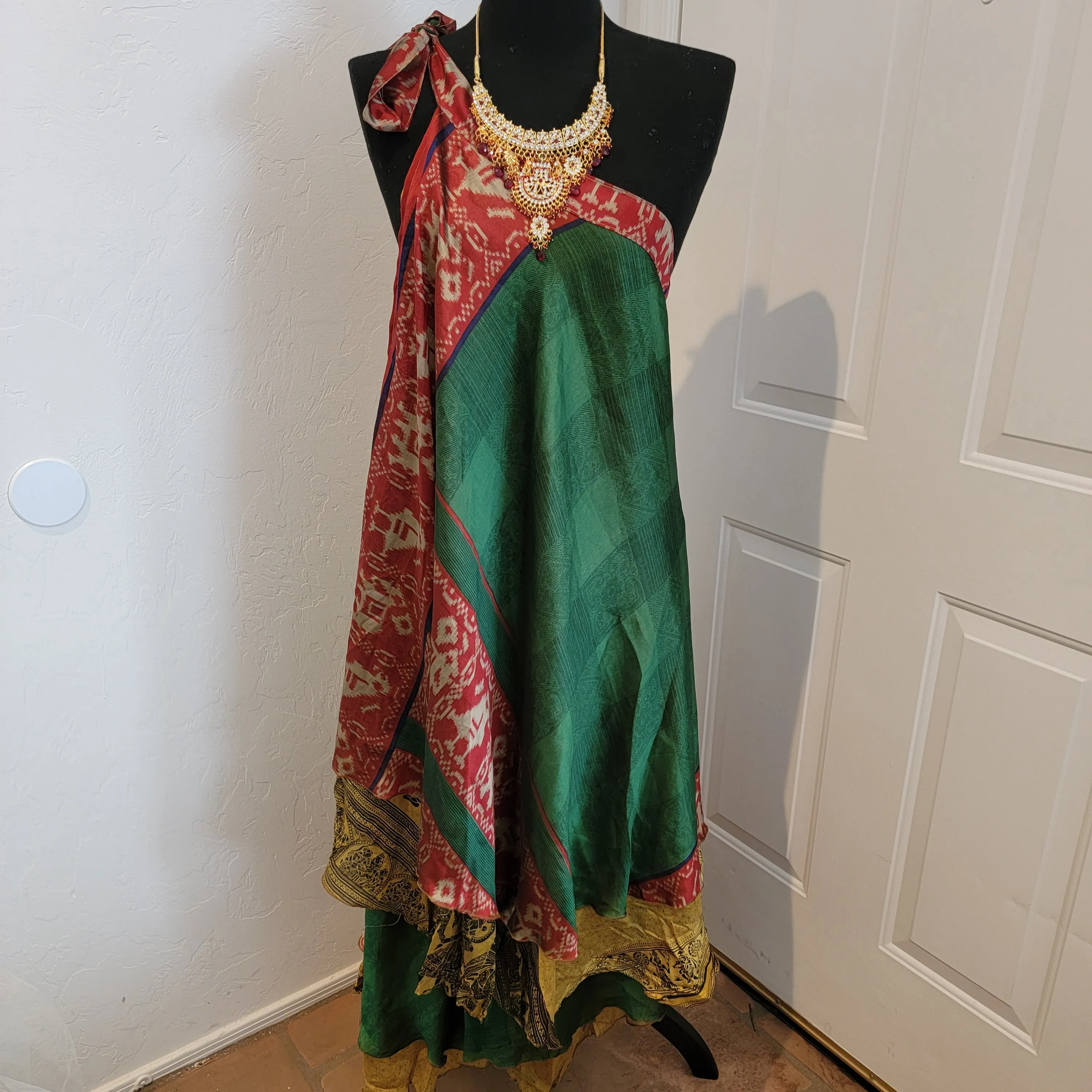 Boho Festival Green/ Gold Print Silk Reversible Wrap Maxi Skirt