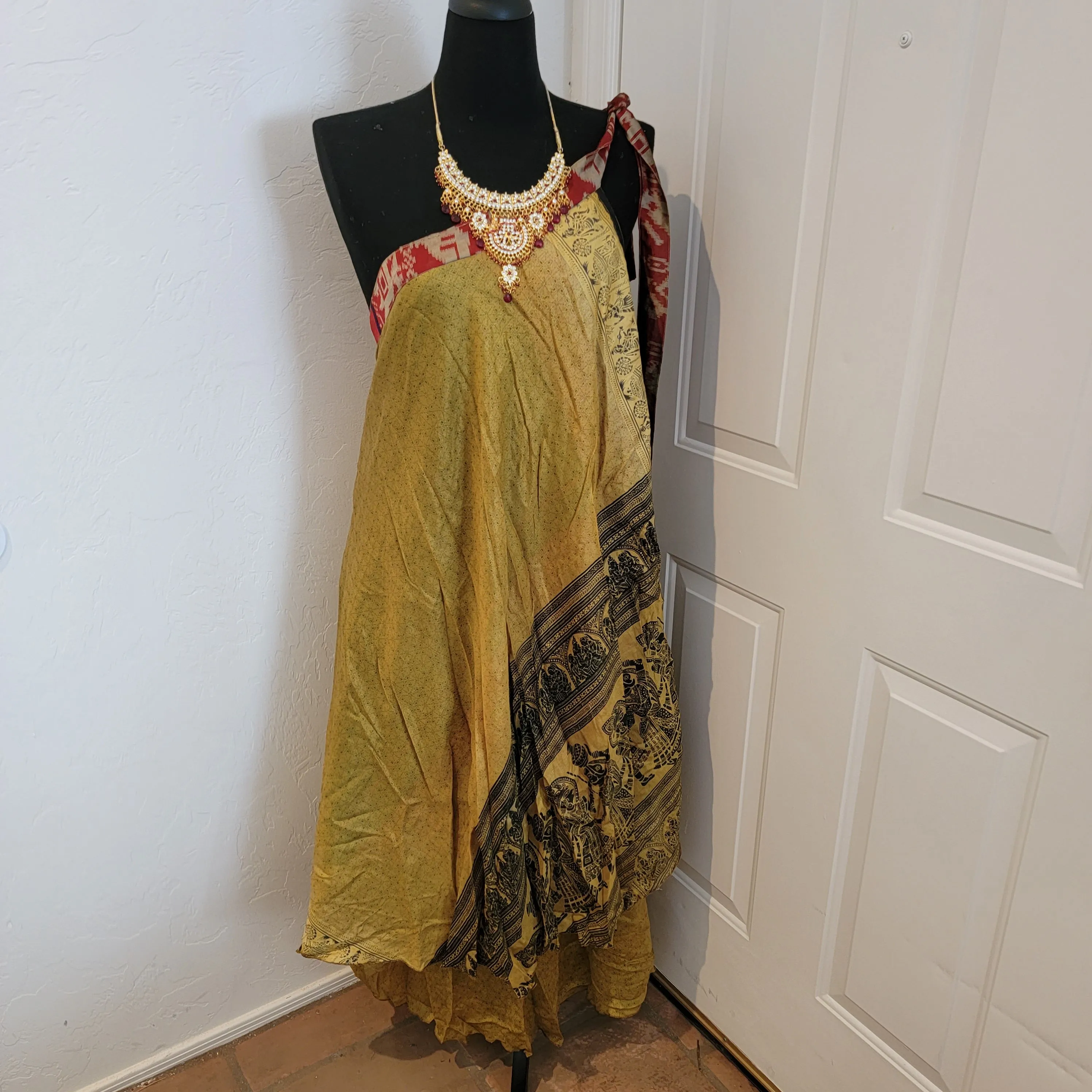 Boho Festival Green/ Gold Print Silk Reversible Wrap Maxi Skirt