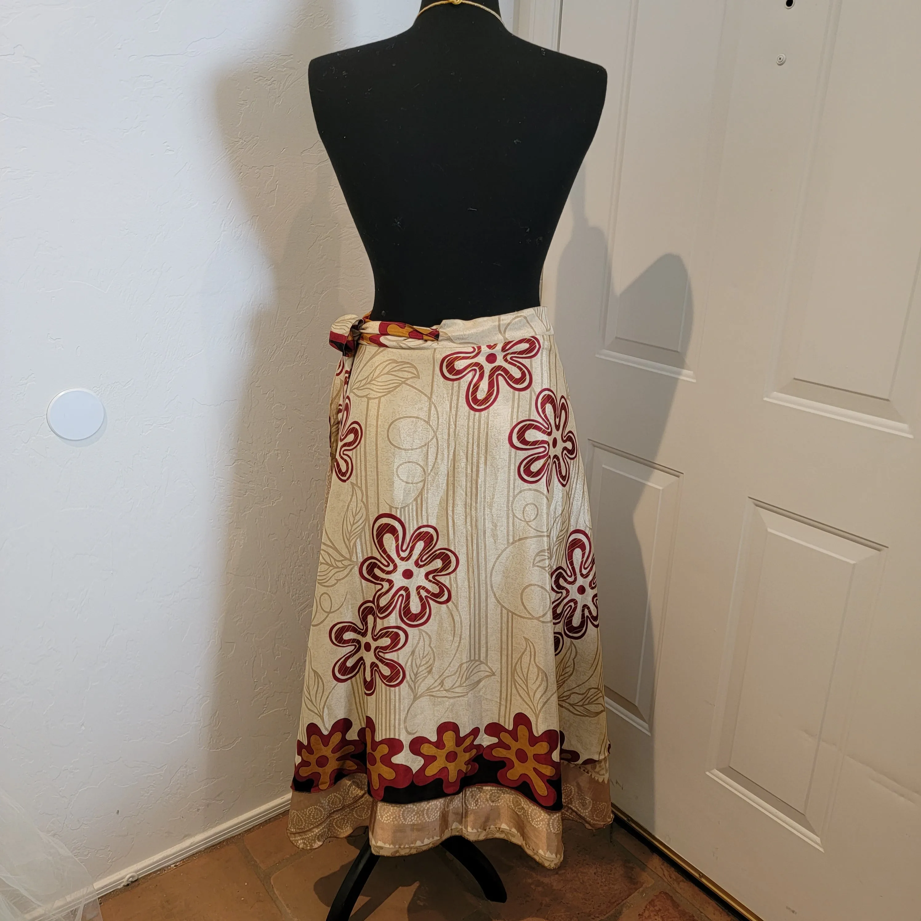 Boho Festival Ivory Merlot Print Silk Reversible Wrap Maxi Skirt