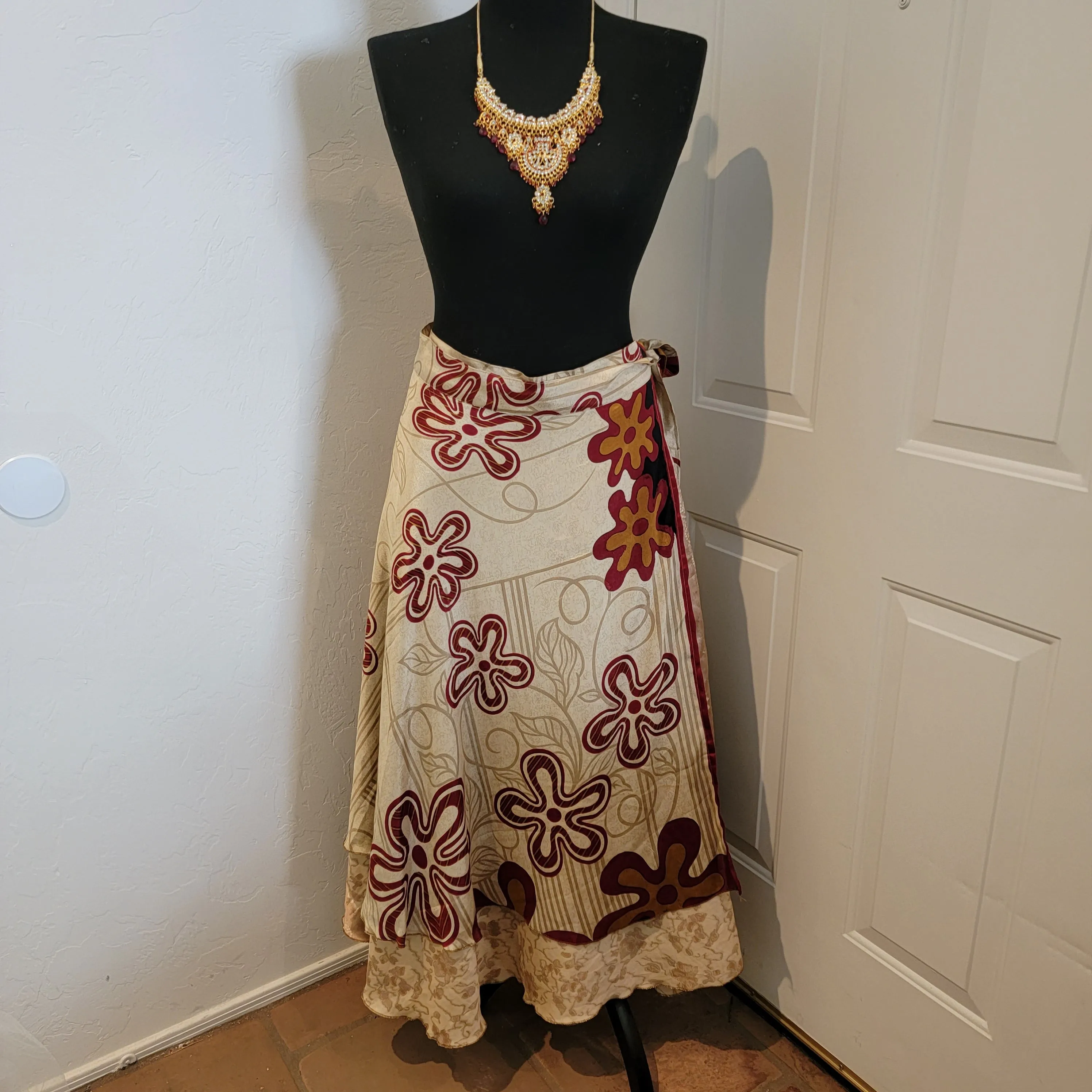 Boho Festival Ivory Merlot Print Silk Reversible Wrap Maxi Skirt