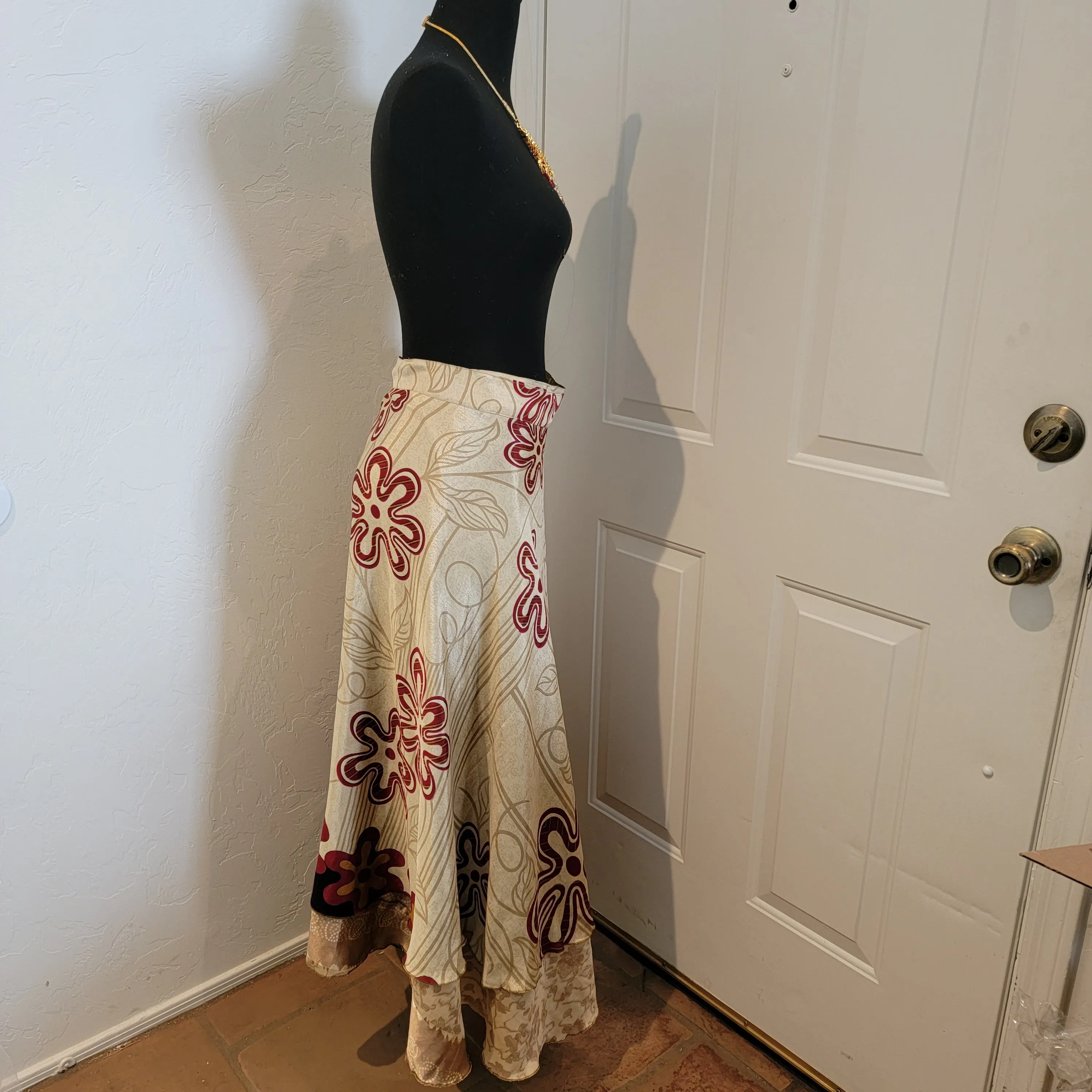 Boho Festival Ivory Merlot Print Silk Reversible Wrap Maxi Skirt