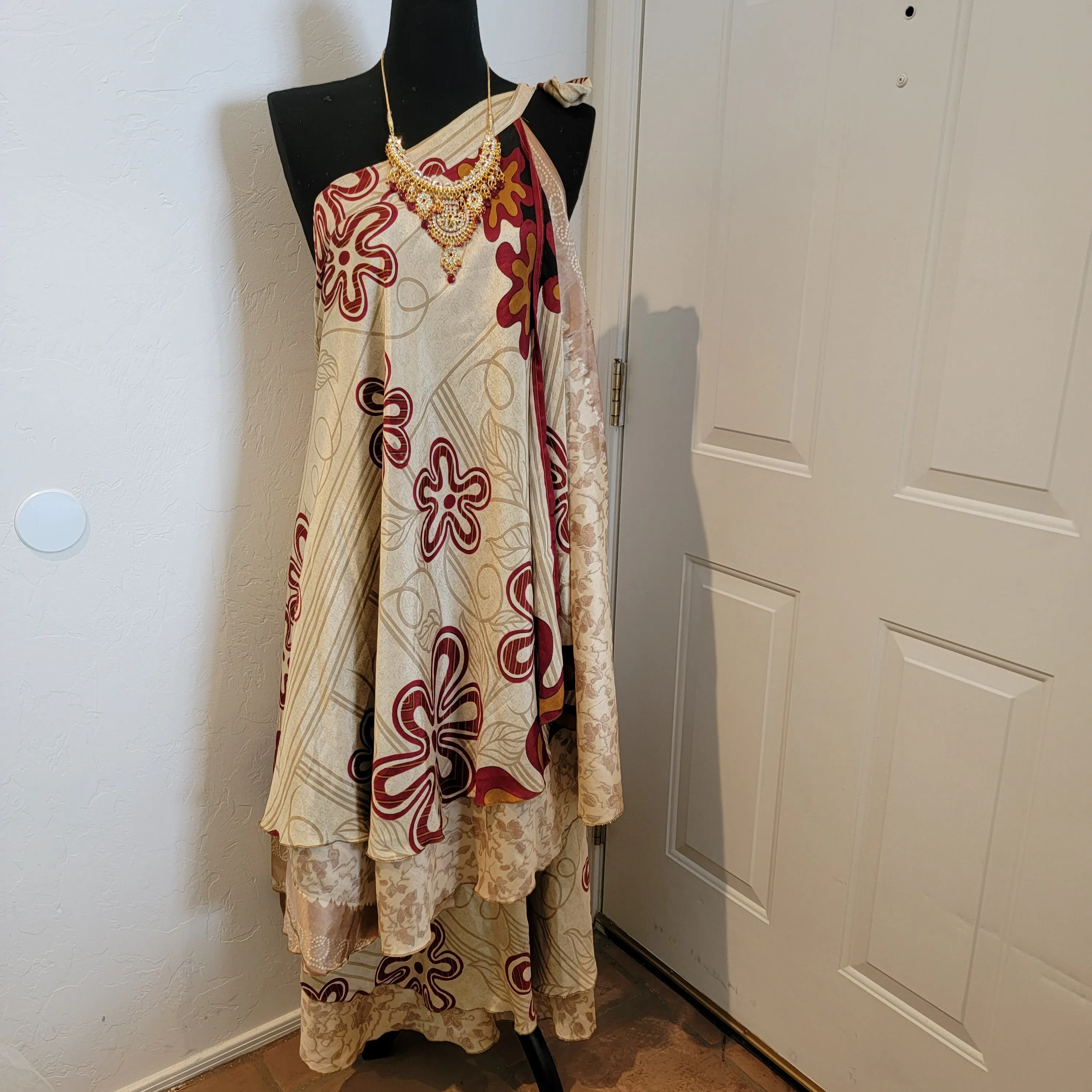 Boho Festival Ivory Merlot Print Silk Reversible Wrap Maxi Skirt