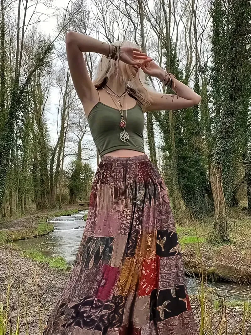 Boho Patchwork Blue Multicolor Maxi Skirt