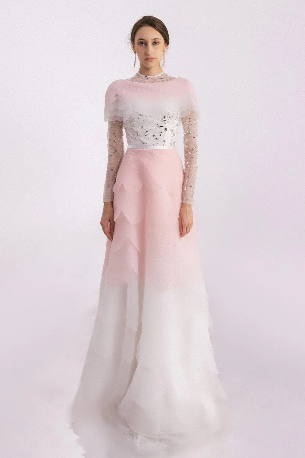 Bonilla Layered Long Sleeved Organza Floor Length Dress