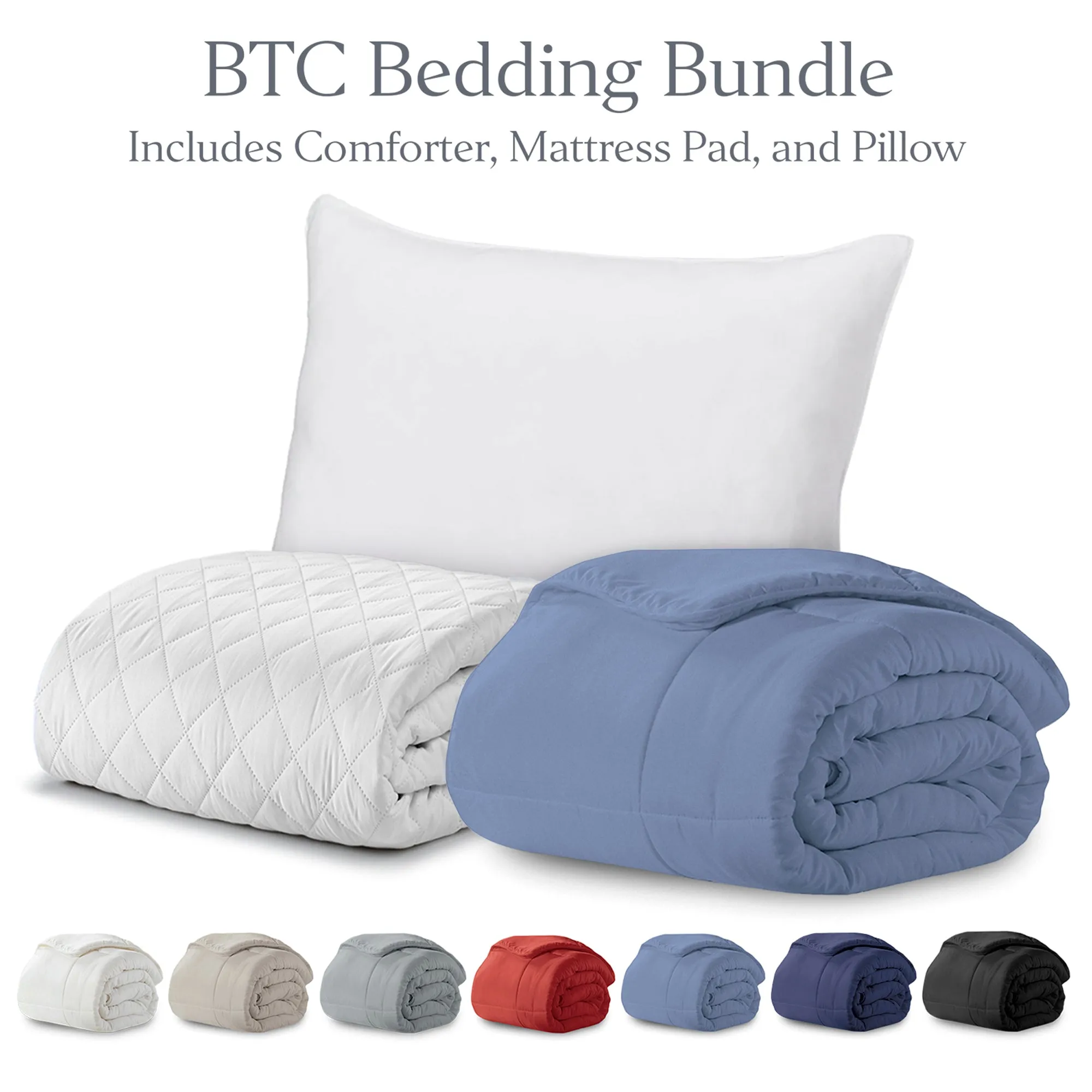 BTC Bed Bundle | Overstuffed Pillows, Quilted Mattress Protector and Down-Alt Comforter