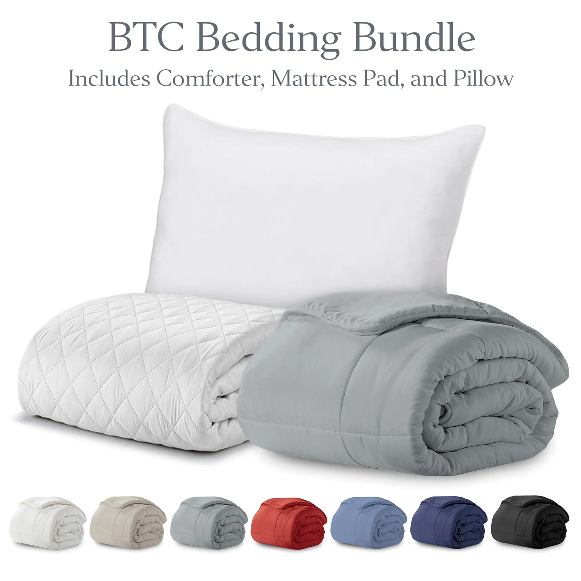 BTC Bed Bundle | Overstuffed Pillows, Quilted Mattress Protector and Down-Alt Comforter