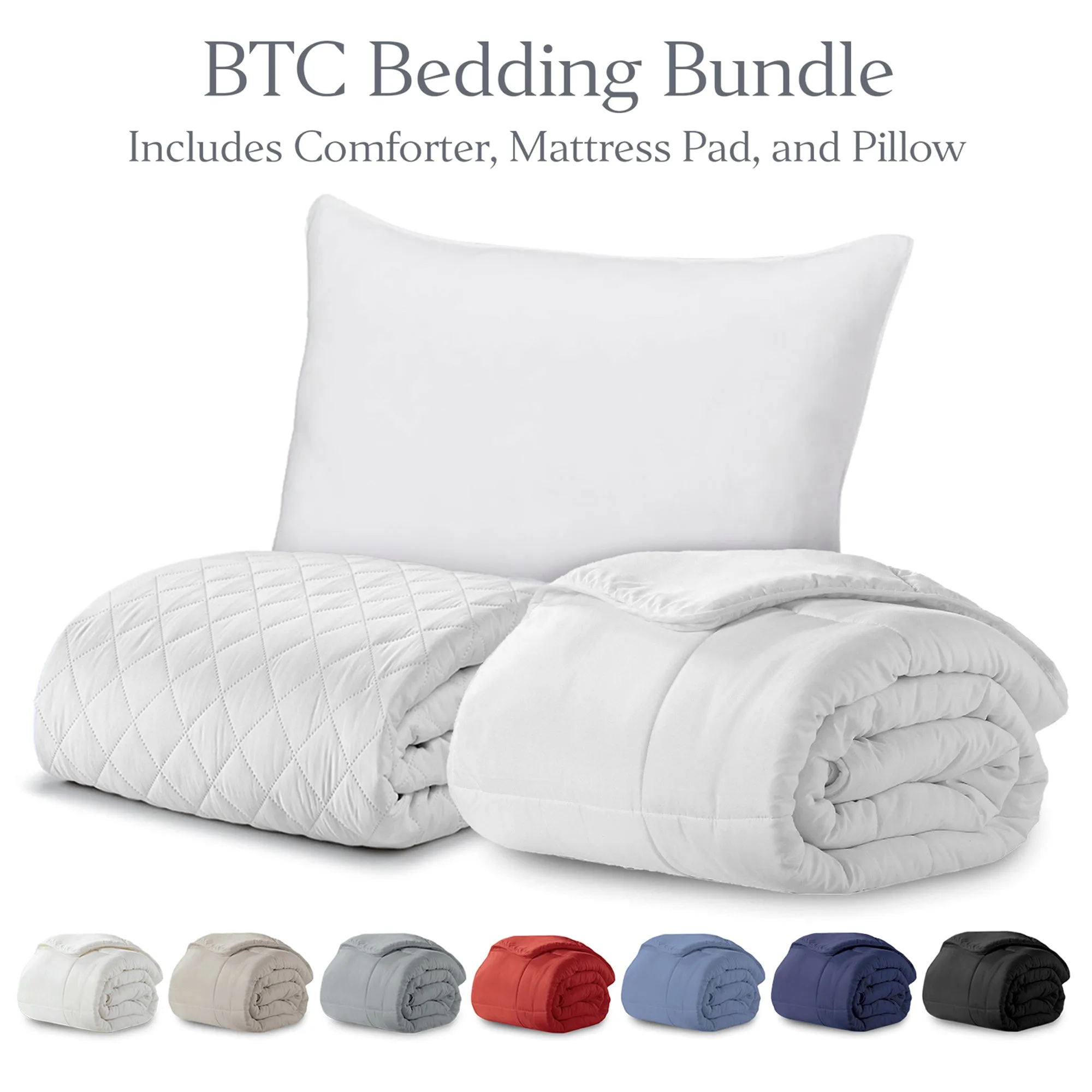 BTC Bed Bundle | Overstuffed Pillows, Quilted Mattress Protector and Down-Alt Comforter