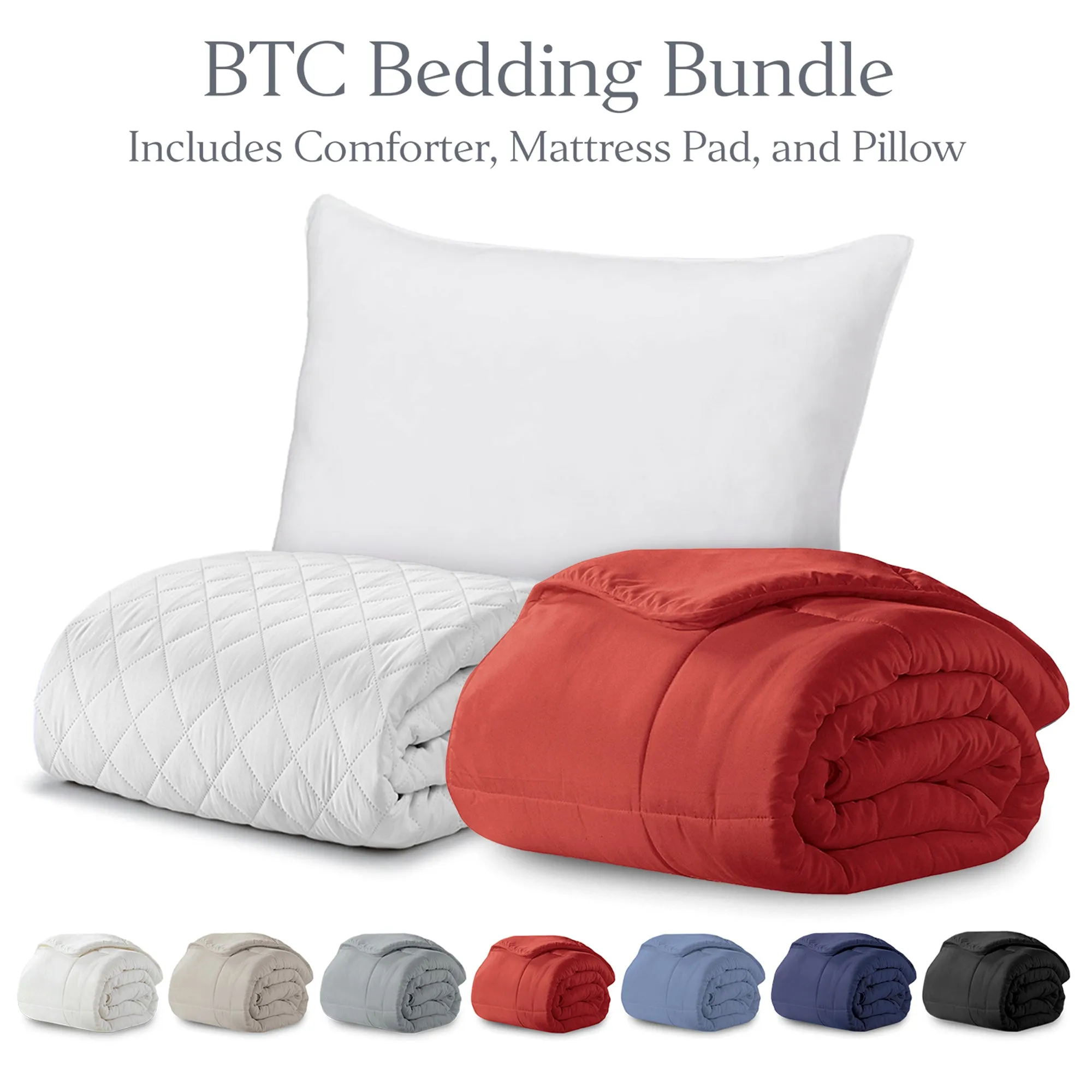 BTC Bed Bundle | Overstuffed Pillows, Quilted Mattress Protector and Down-Alt Comforter