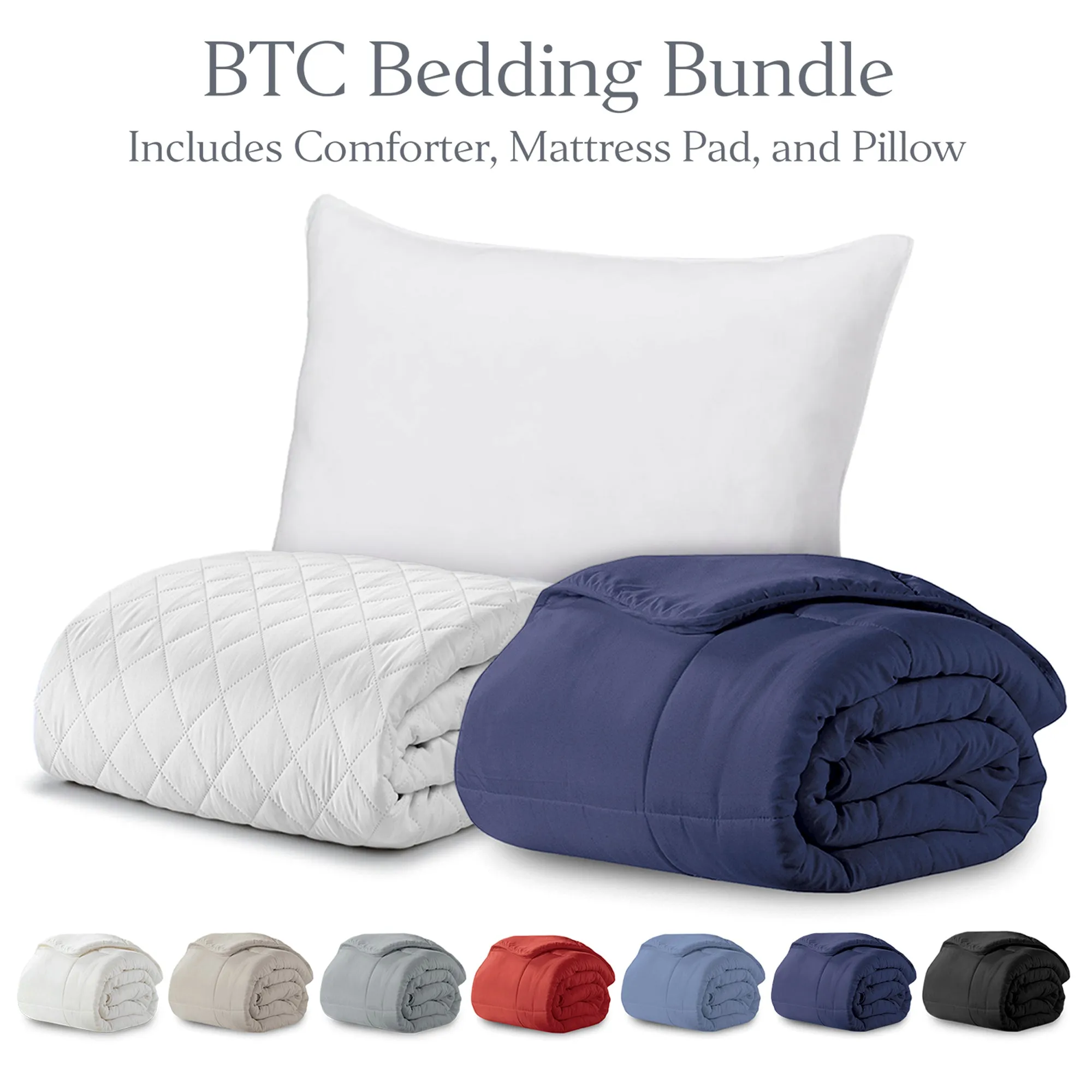 BTC Bed Bundle | Overstuffed Pillows, Quilted Mattress Protector and Down-Alt Comforter