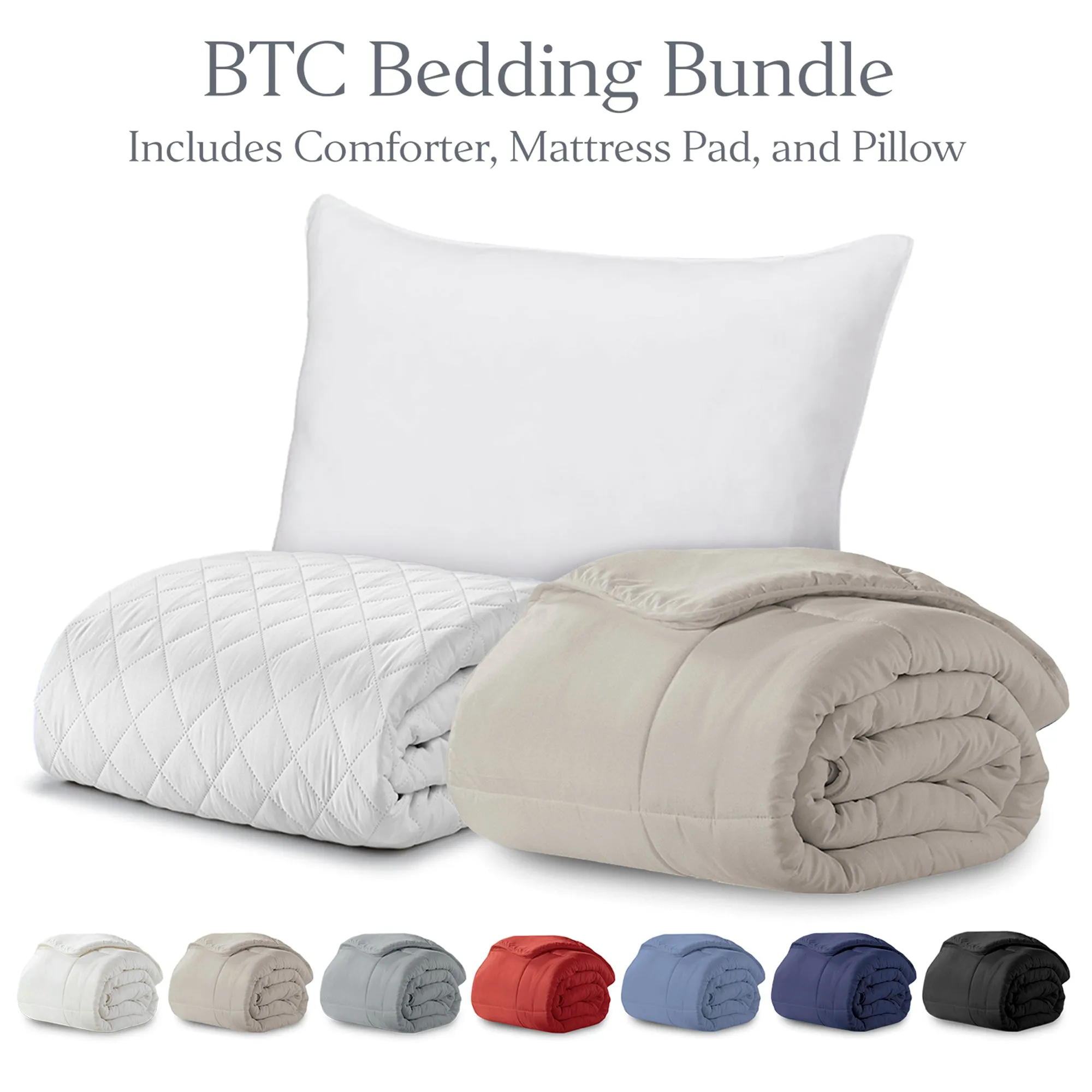 BTC Bed Bundle | Overstuffed Pillows, Quilted Mattress Protector and Down-Alt Comforter