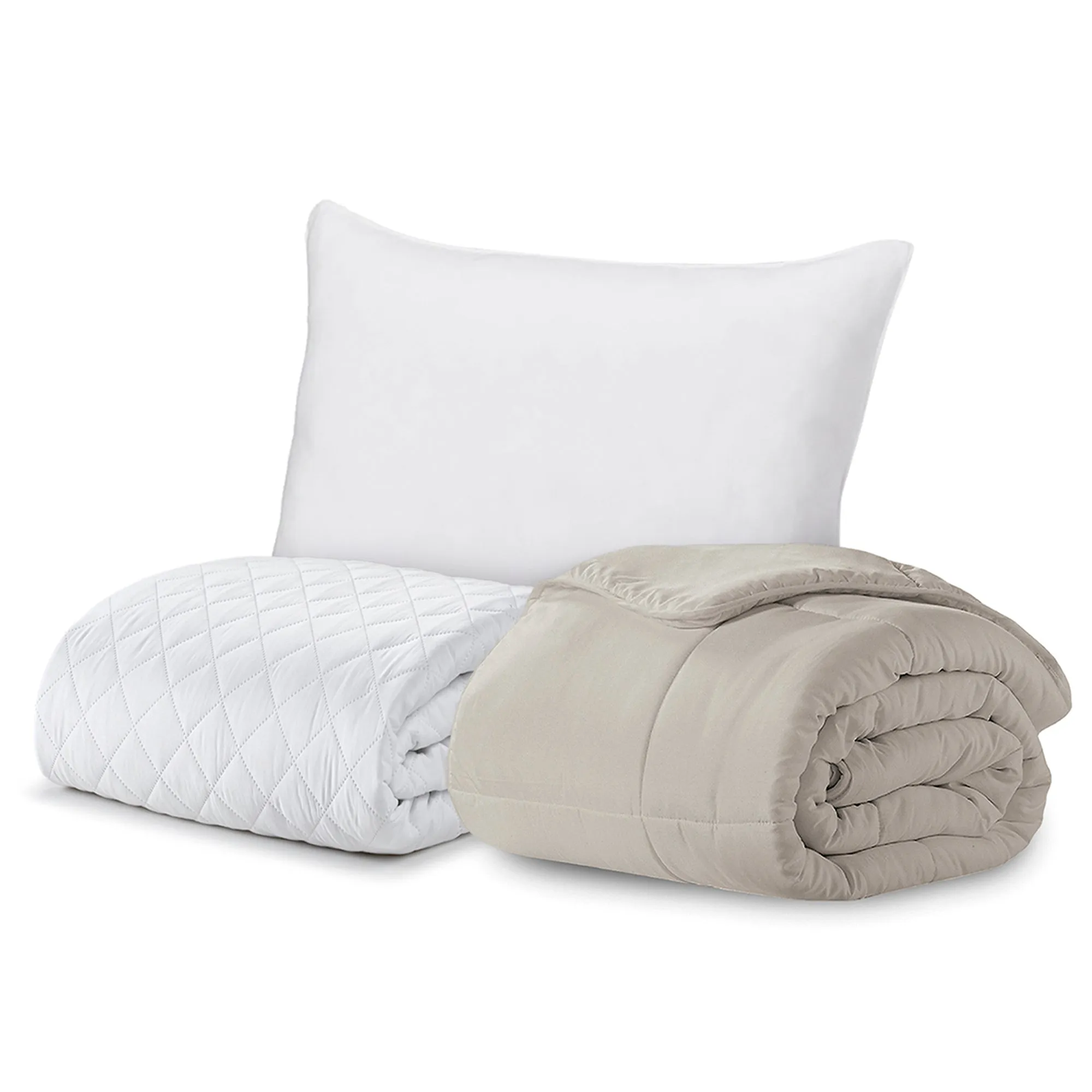 BTC Bed Bundle | Overstuffed Pillows, Quilted Mattress Protector and Down-Alt Comforter