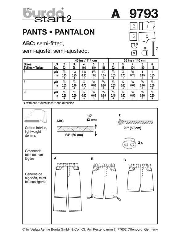 Burda 9793 Boys' Trousers Pattern