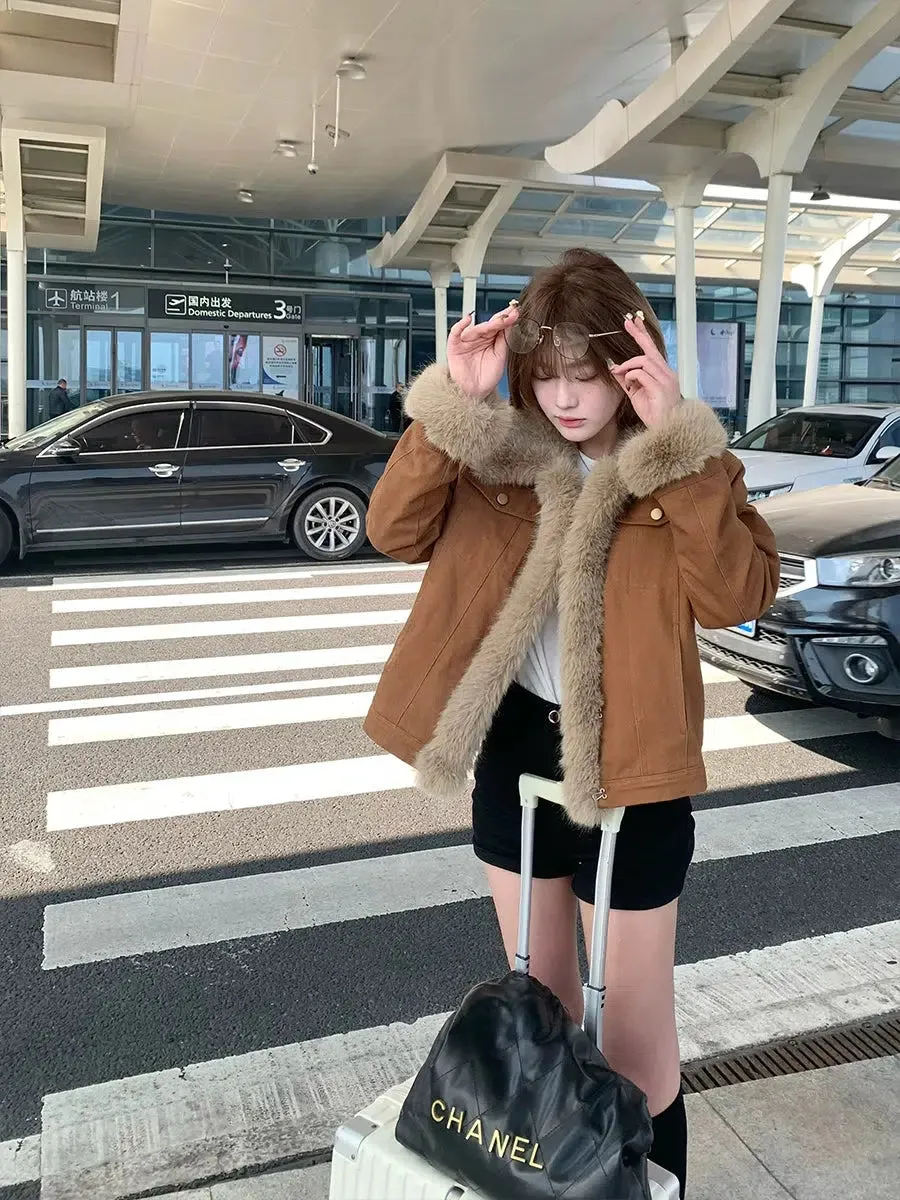 Button Closure Faux Fur Collar Coat