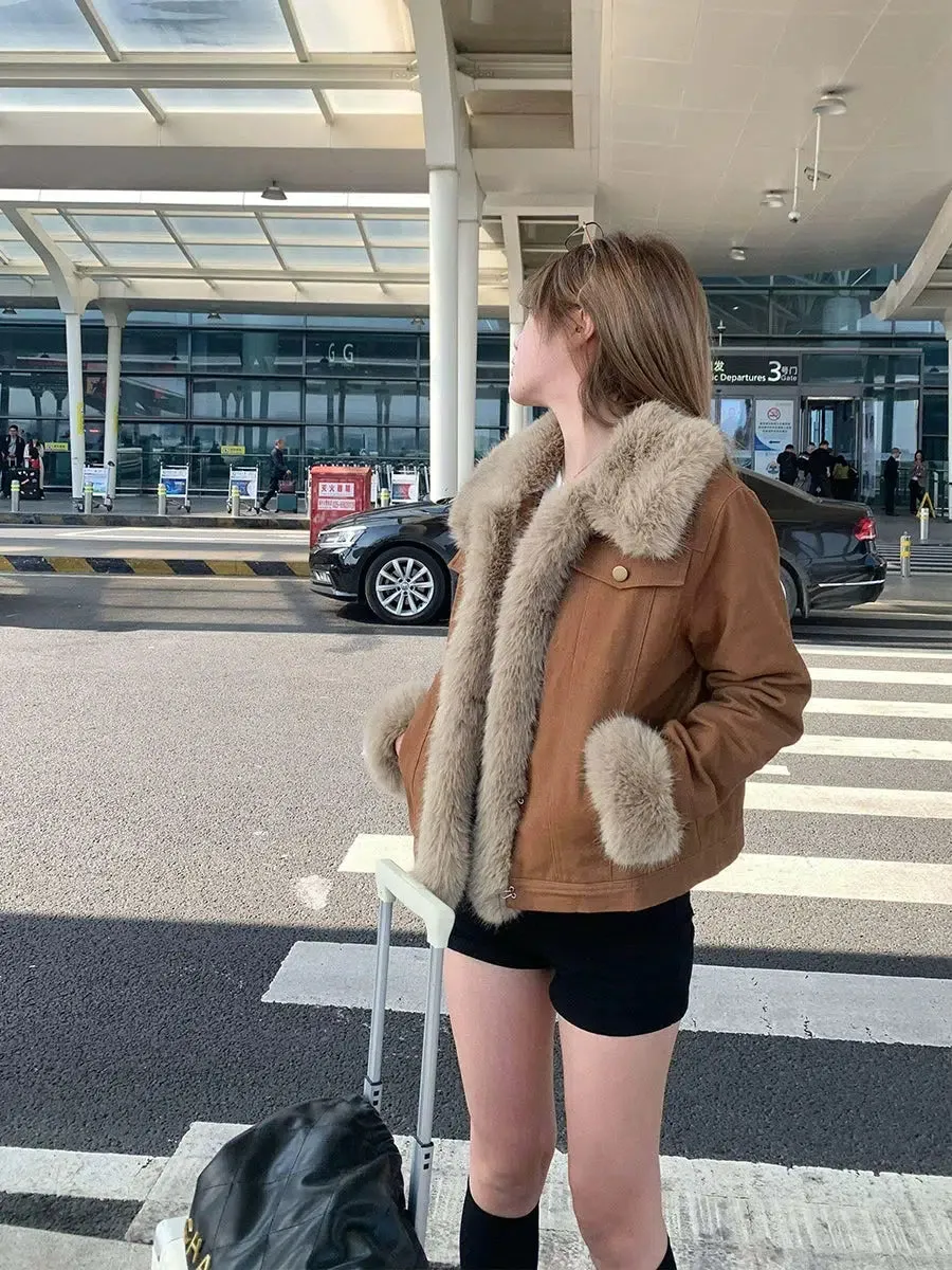 Button Closure Faux Fur Collar Coat