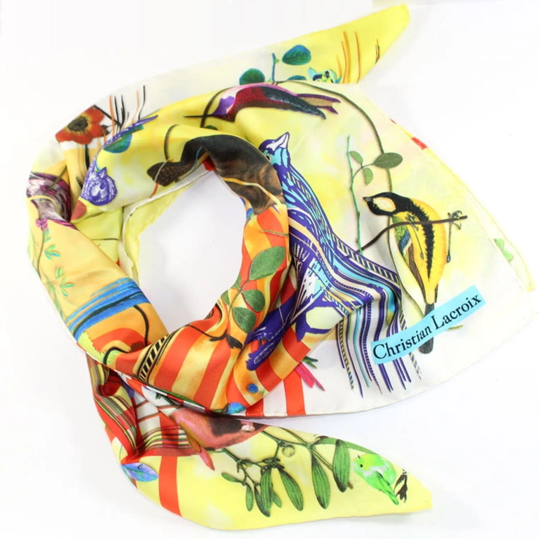 Christian Lacroix Scarf Yellow Blue Orange Birds - Large 36 Inch Square Twill Silk Scarf