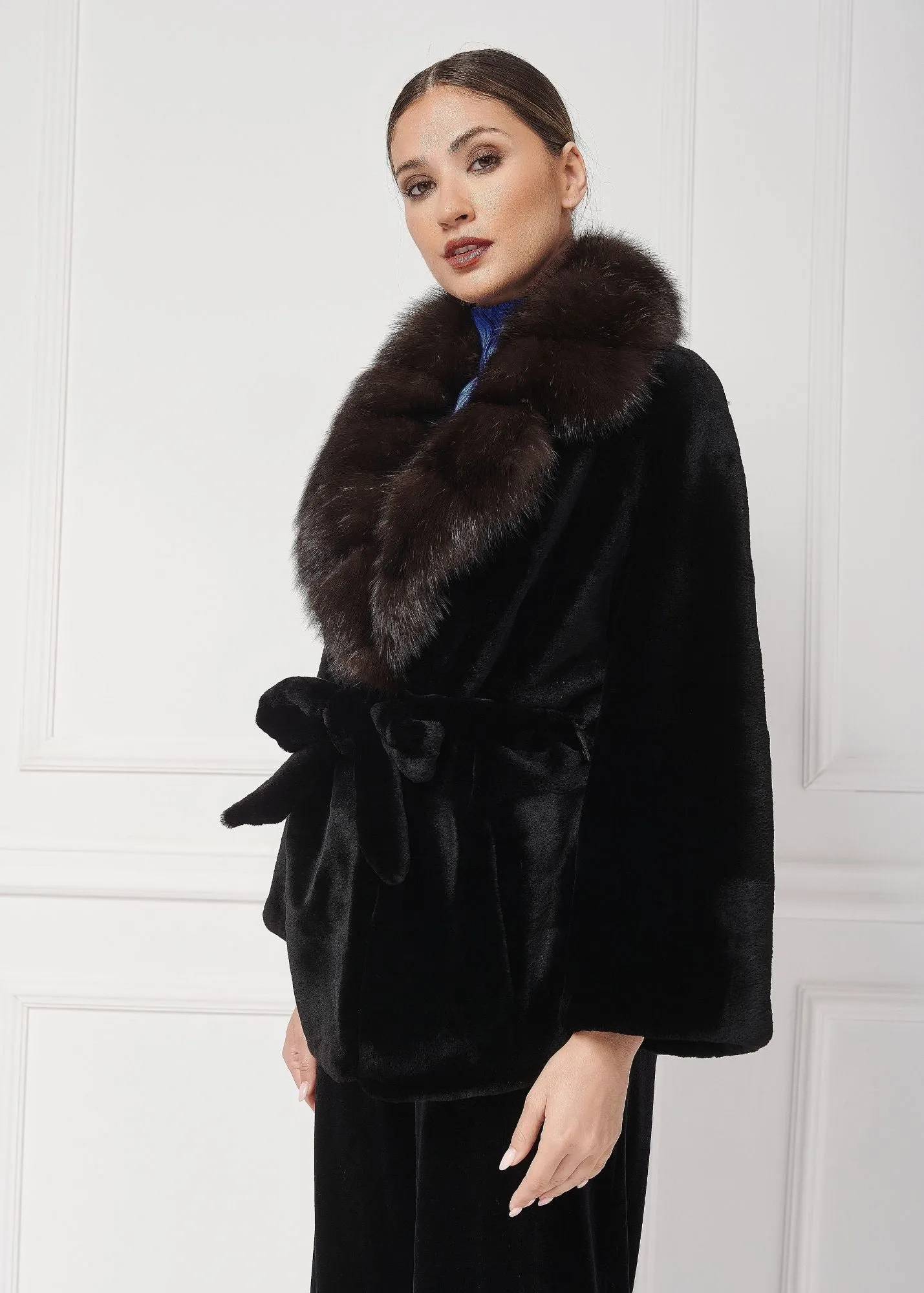 Classy sheared mink fur jacket with sable fur collar