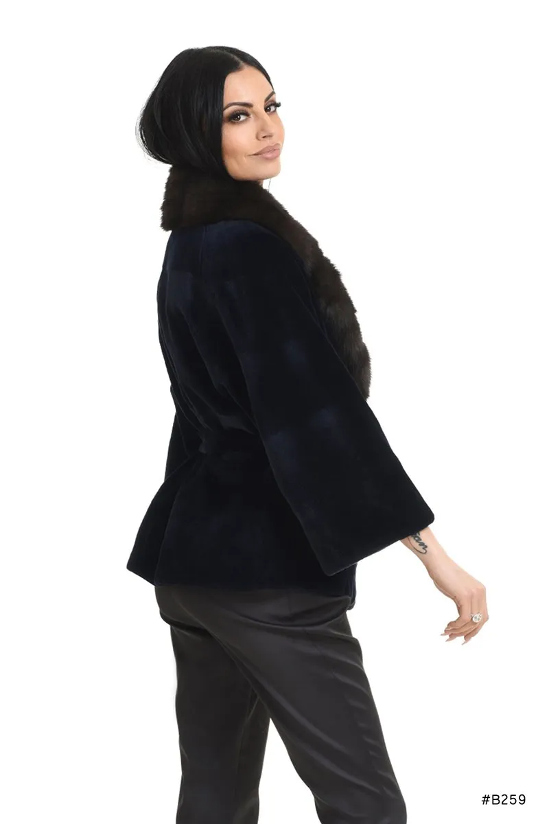 Classy sheared mink fur jacket with sable fur collar