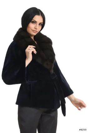 Classy sheared mink fur jacket with sable fur collar