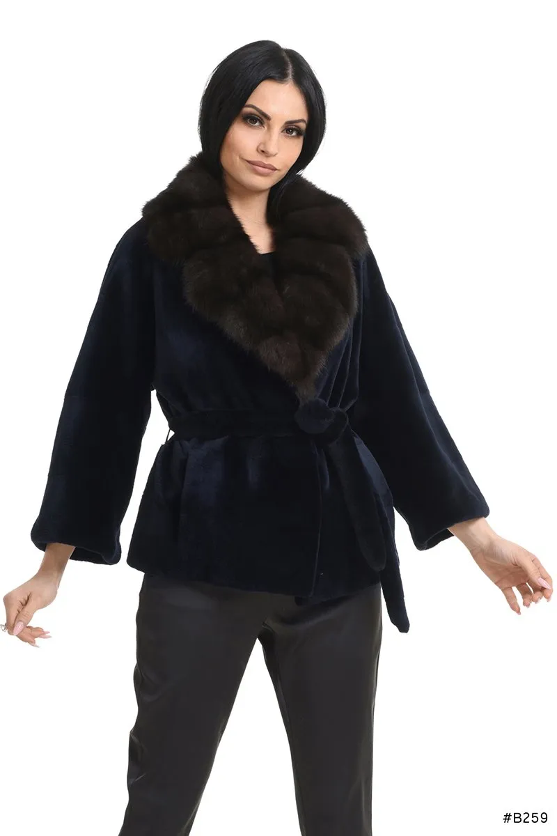 Classy sheared mink fur jacket with sable fur collar