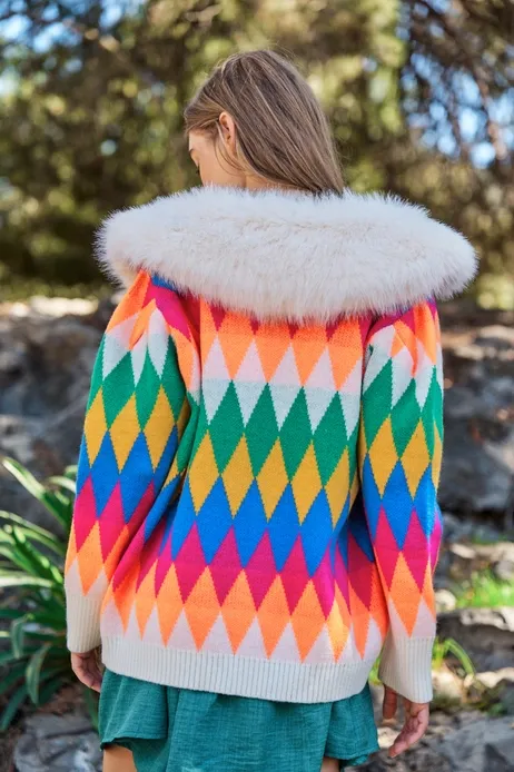 Colorful Diamond Faux Fur Cardigan