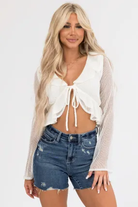 Cream Long Sleeve Mesh Top with Front Tie