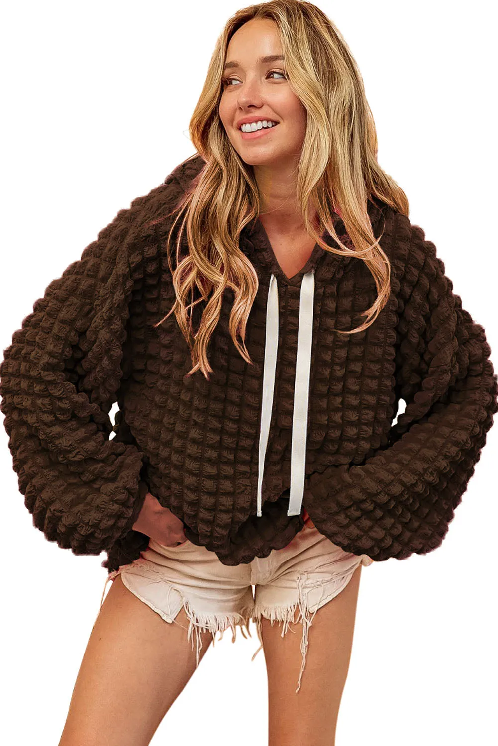 Dark Brown Bubble Textured Waffle Hoodie