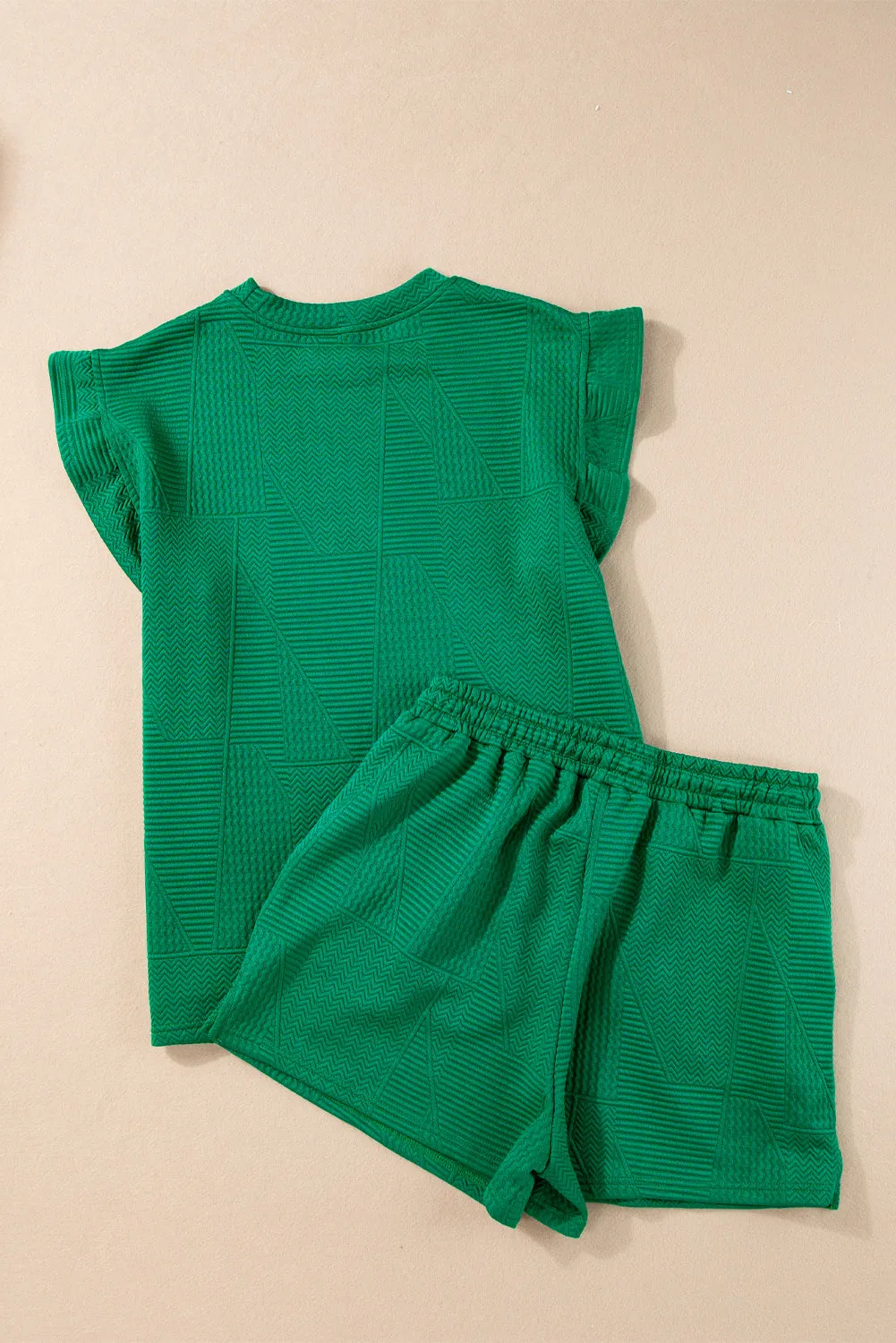 Dark Green Textured Ruffle Split Top and Drawstring Shorts (Takes 2 Weeks Delivery)