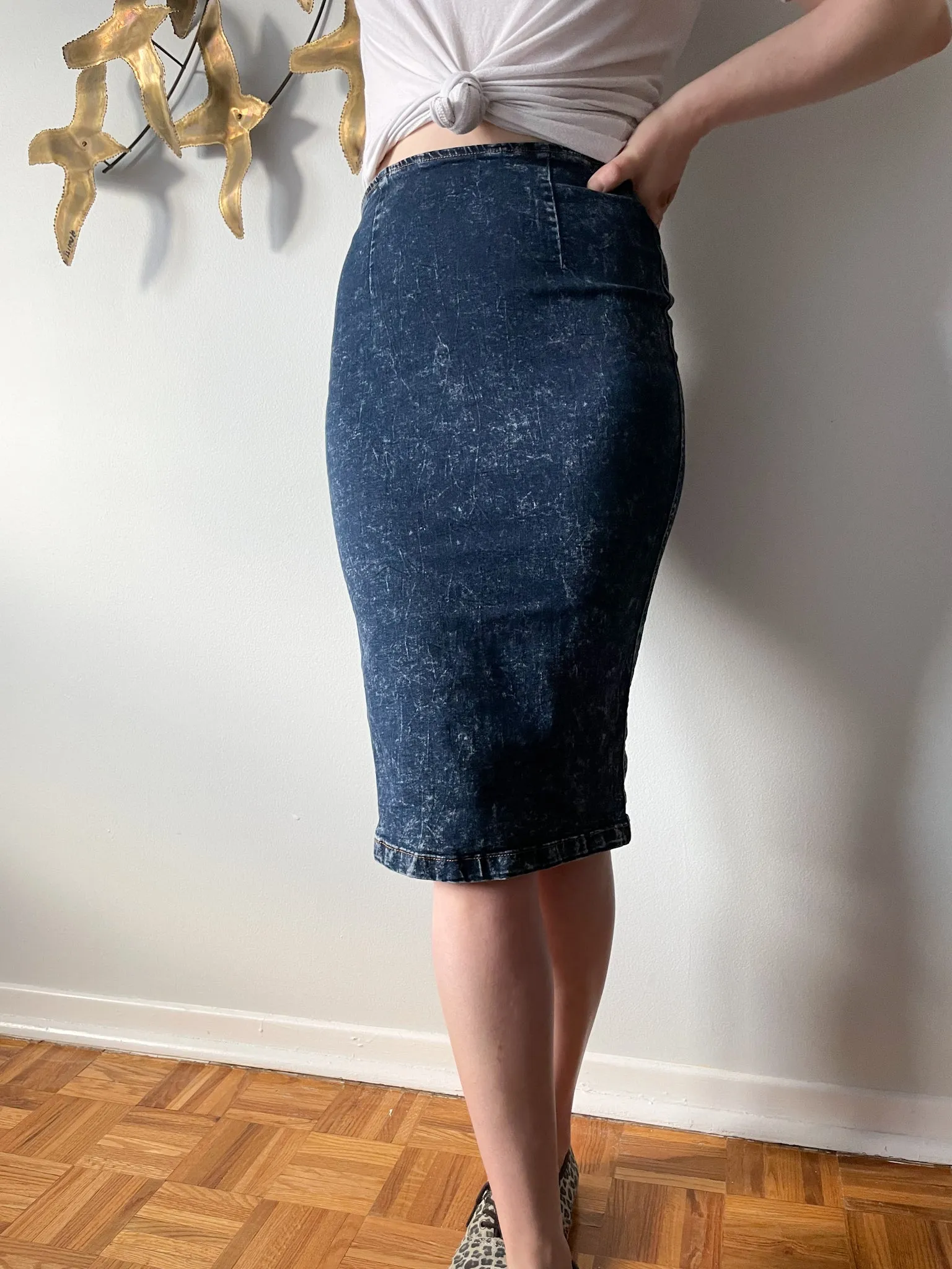 Dark Wash Stretch Pencil Denim Skirt - Small