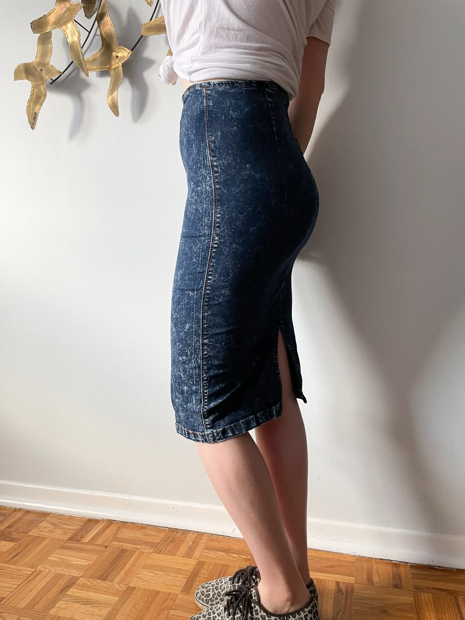 Dark Wash Stretch Pencil Denim Skirt - Small