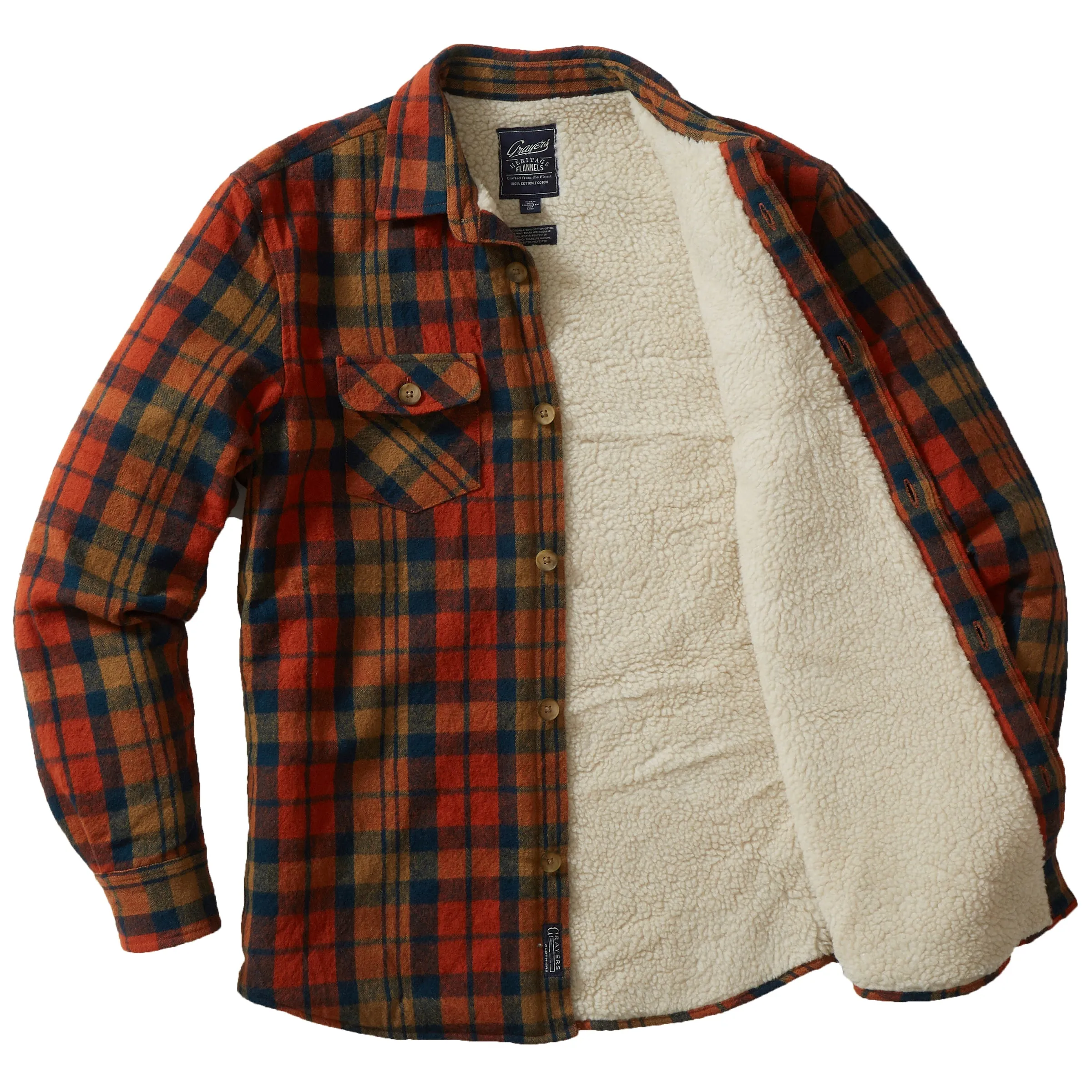 Edmund Sherpa Lined Shirt Jacket - Orange Rust Plaid