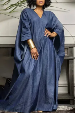 Elegant Lightweight Blue Denim Kaftan Maxi Dress