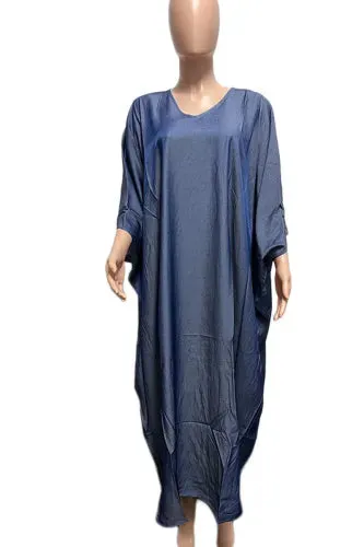 Elegant Lightweight Blue Denim Kaftan Maxi Dress