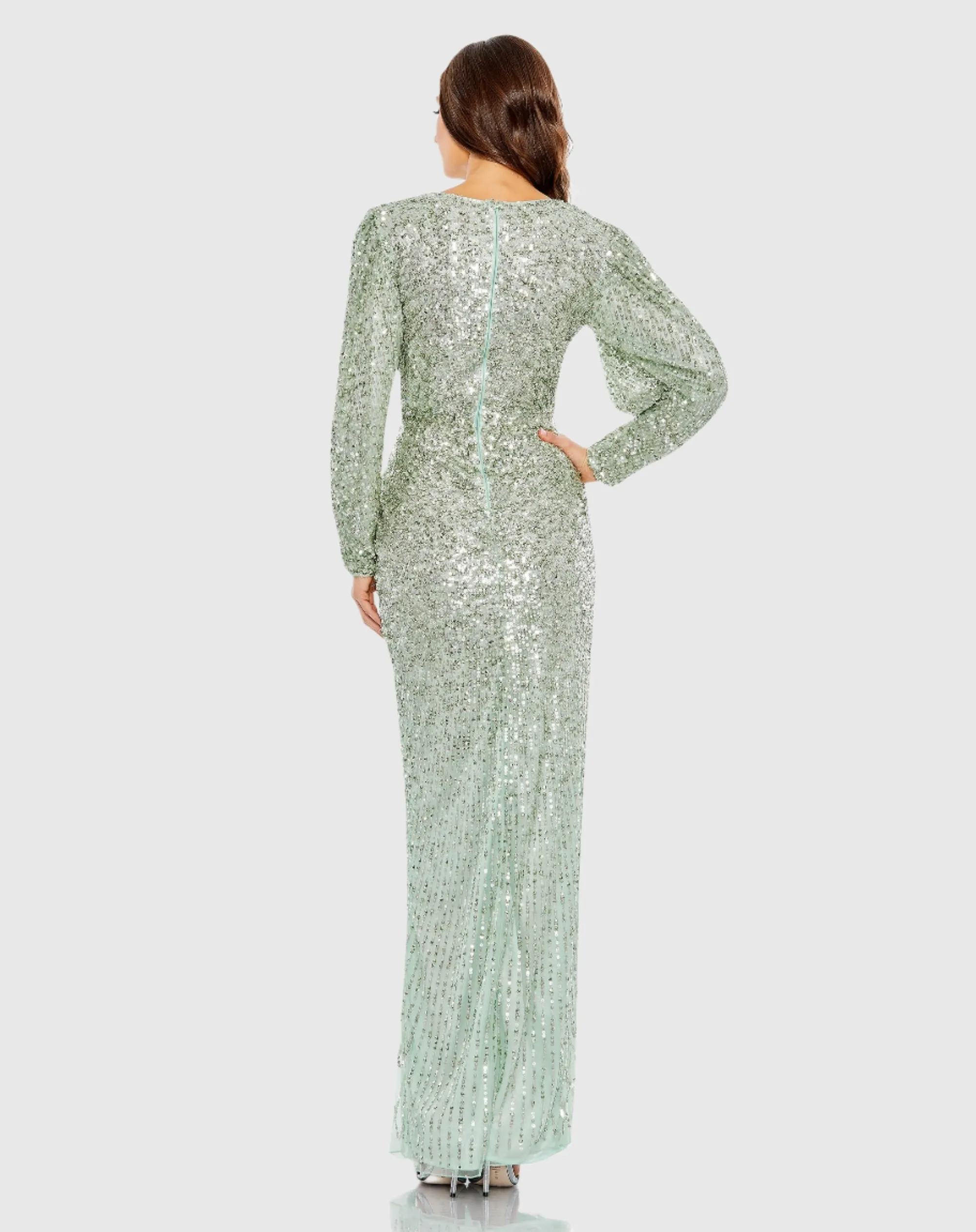 Embellished Faux Wrap Puff Sleeve Gown