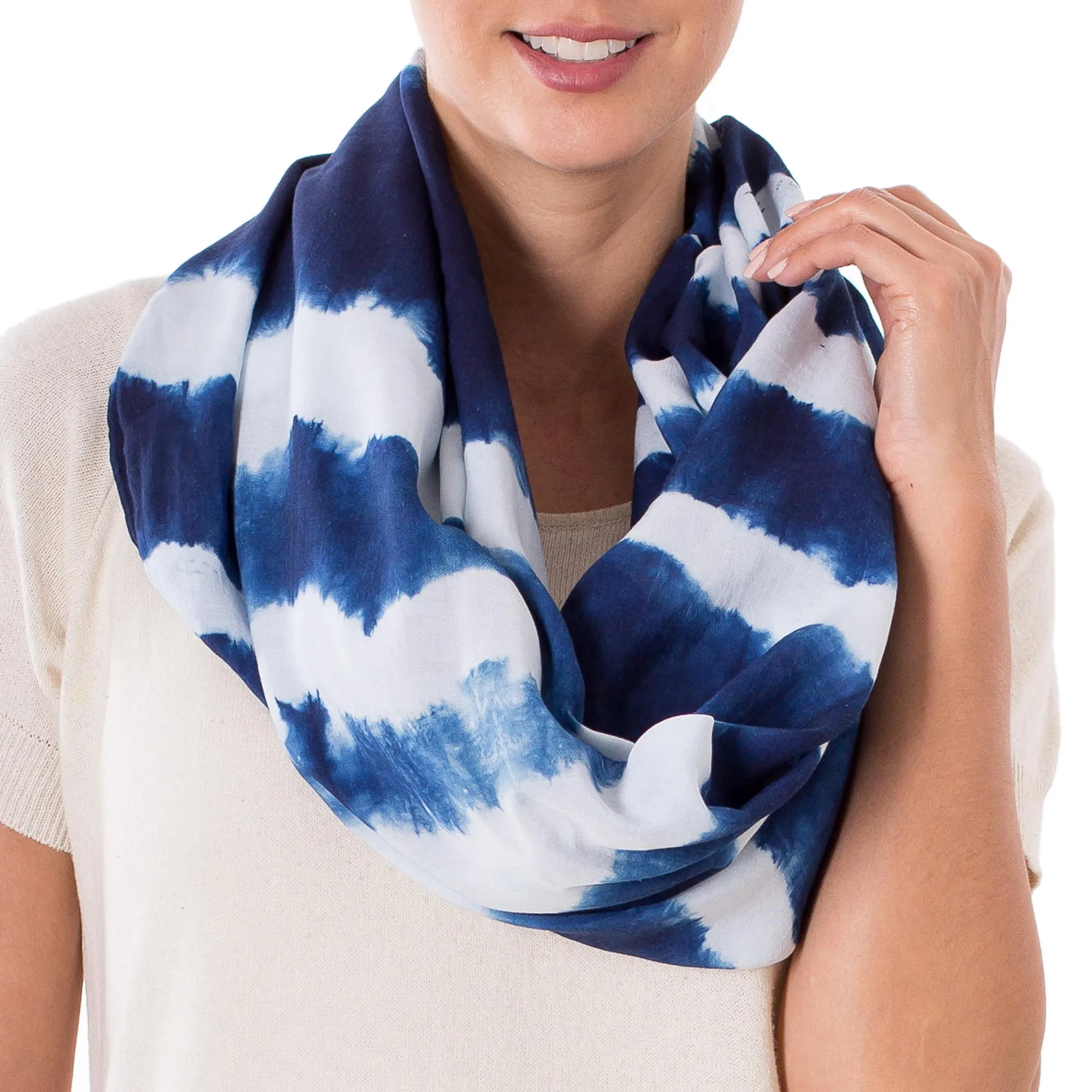 Endless Indigo Indigo and White Stripe Shibori Dyed Cotton Infinity Scarf