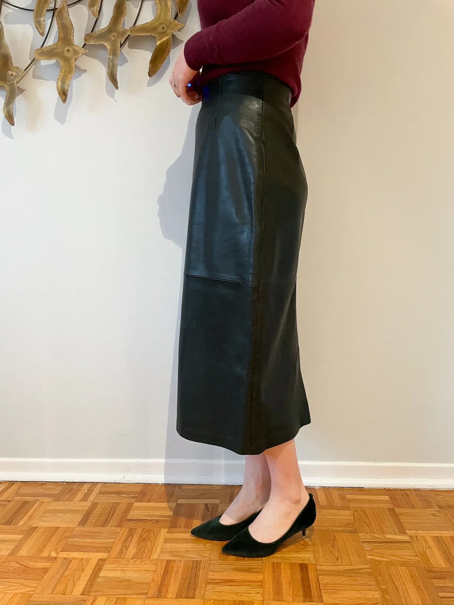 Forest Green Leather Pencil Straight Midi Skirt - Small