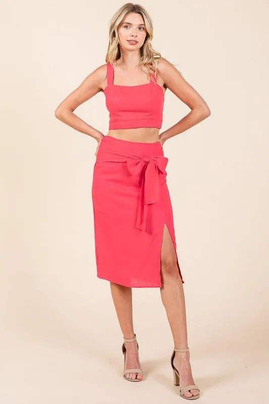 Fuchsia 2 Piece Linen Crop Cop and Pencil Skirt Set