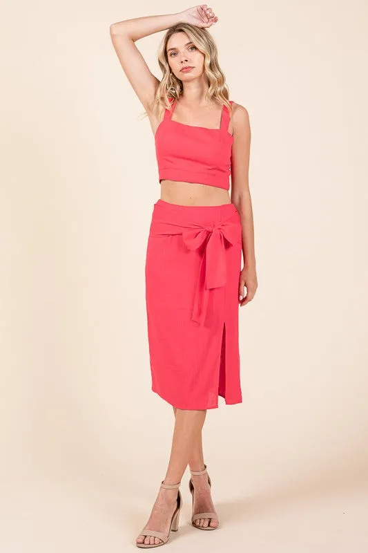 Fuchsia 2 Piece Linen Crop Cop and Pencil Skirt Set